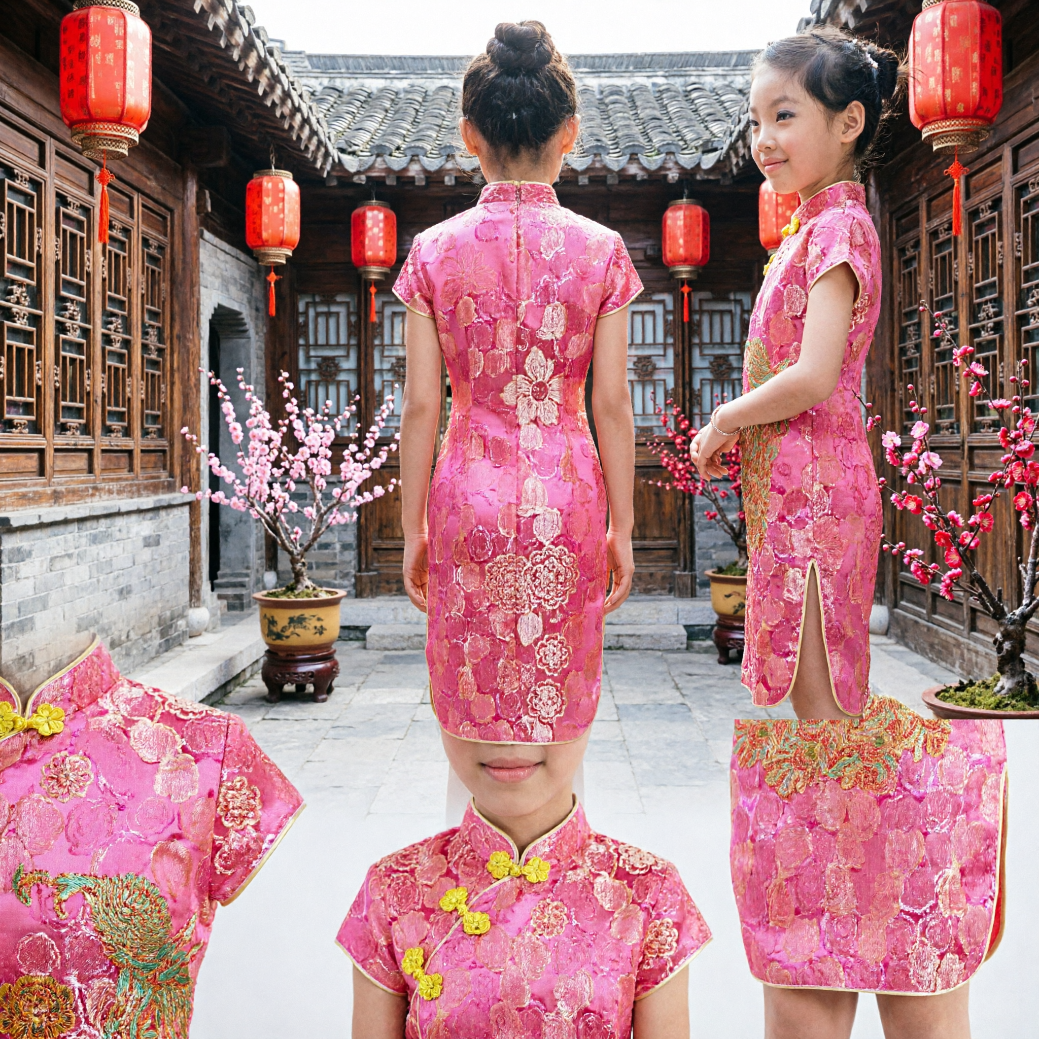 Girls Pink Traditional Chinese Cheongsam Dress Kids Silk Qipao with Peacock Print for Festival and Party - Asian Costume