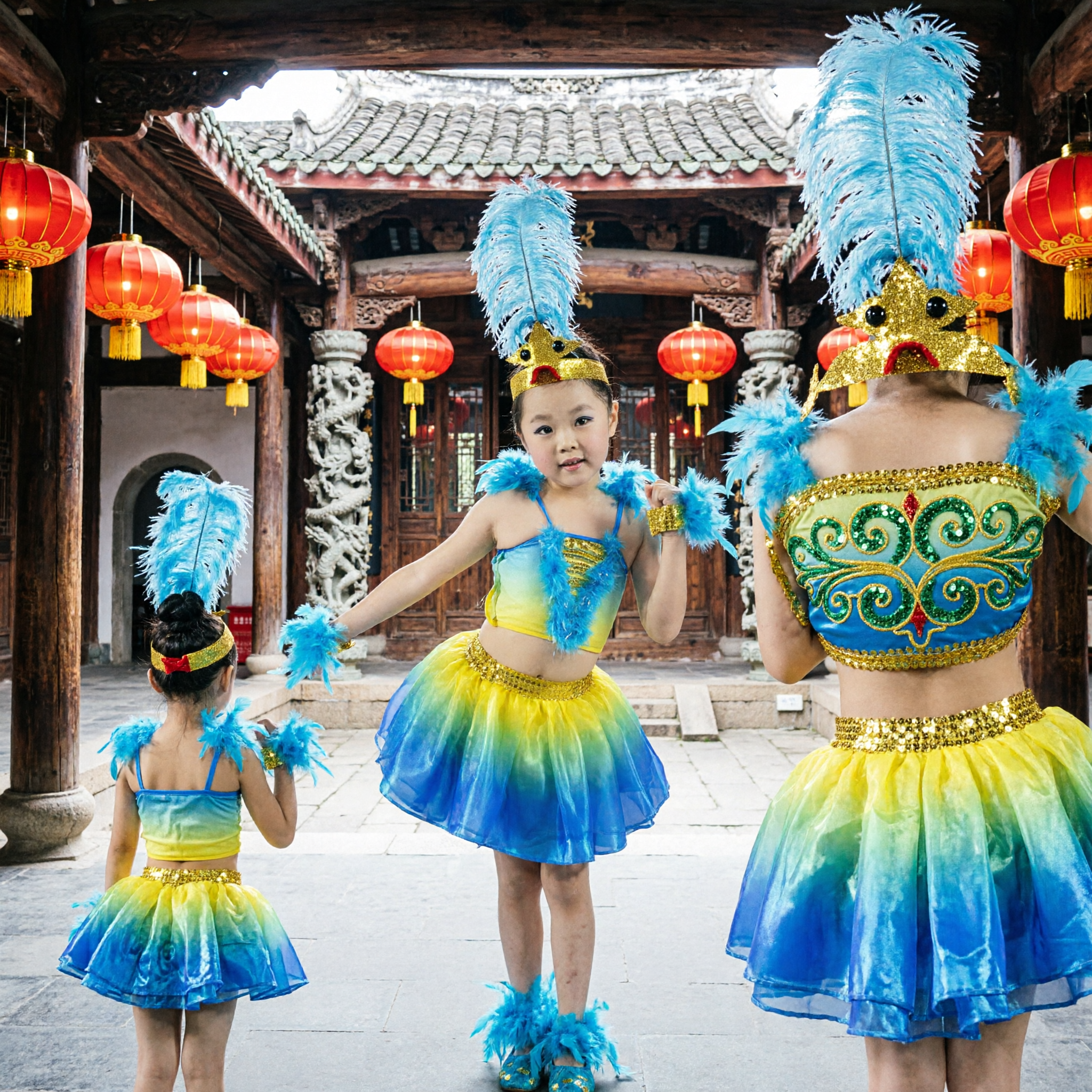 Girls Peacock Bird Dance Costume Blue Yellow Gradient Tutu Dress with Feather Headpiece for Stage Performance - Asian Costume