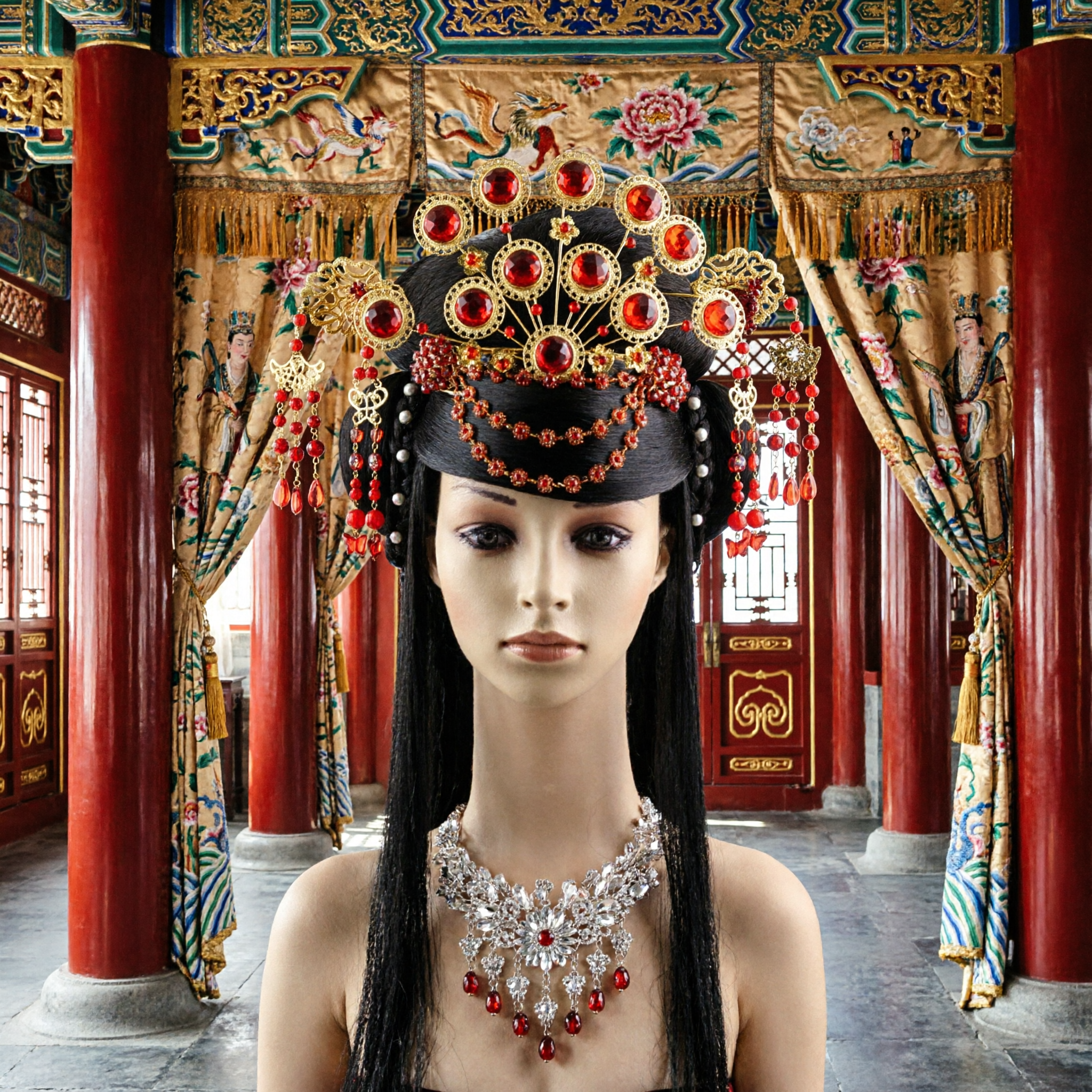 Traditional Chinese Opera Headdress Red Gold Phoenix Crown for Women Hanfu Costume Bridal Hair Accessory - Asian Costume