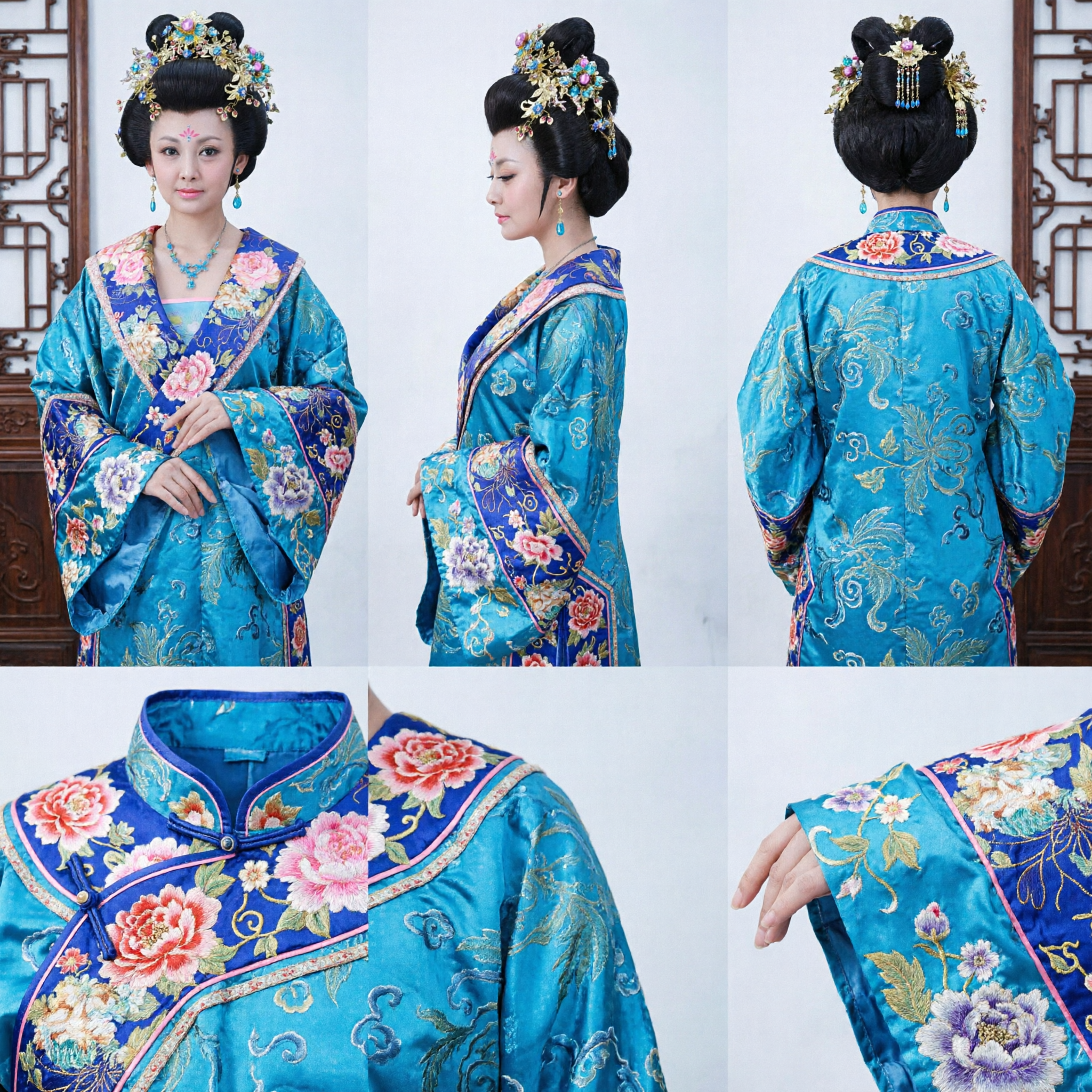 Traditional Chinese Ancient Tang Dynasty Princess Headpiece Golden Floral Crown with Blue Jewels for Hanfu Costume Cosplay - Asian Costume