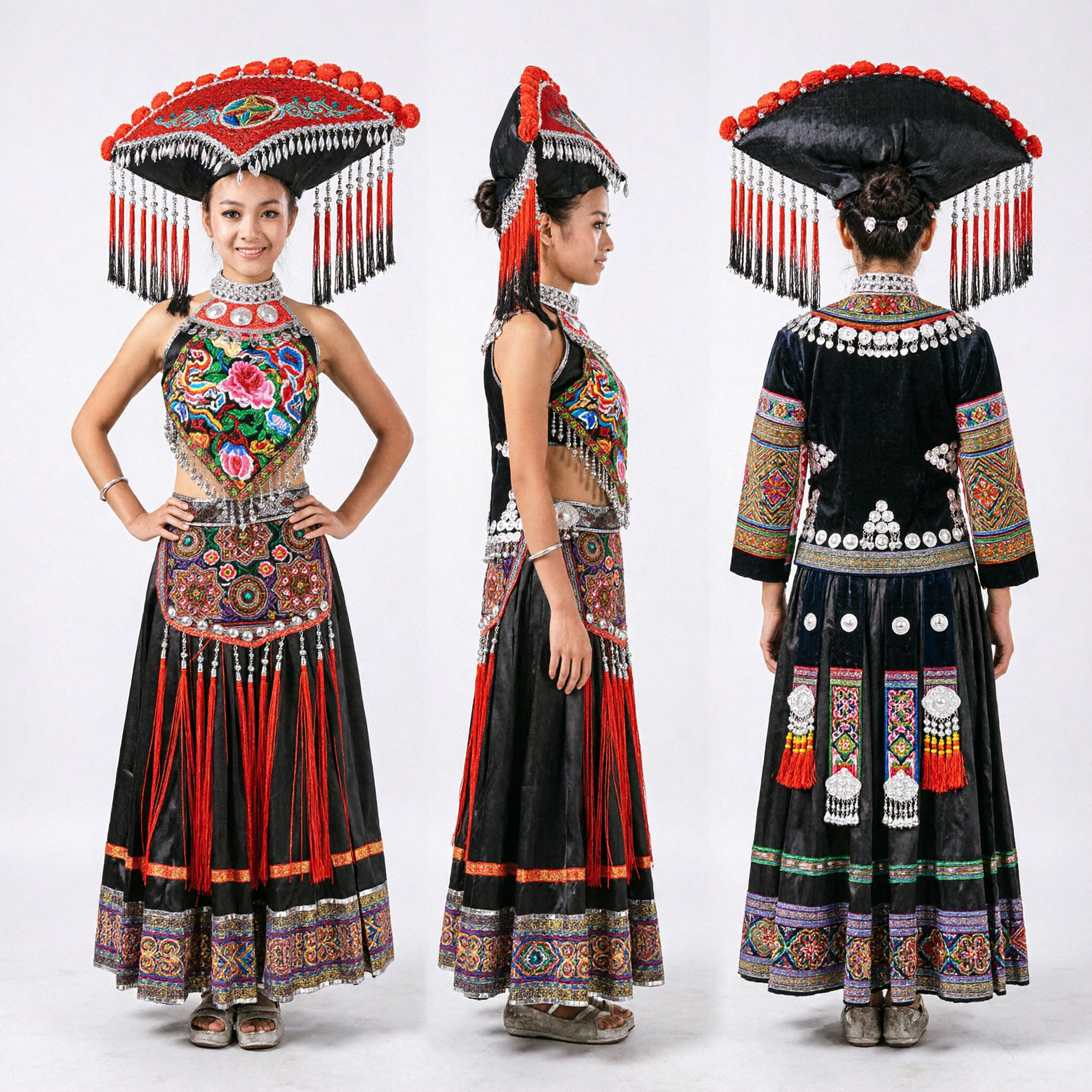 Women's Traditional Chinese Miao Ethnic Embroidered Folk Dance Costume Complete Set with Tassel Headdress - Asian Costume