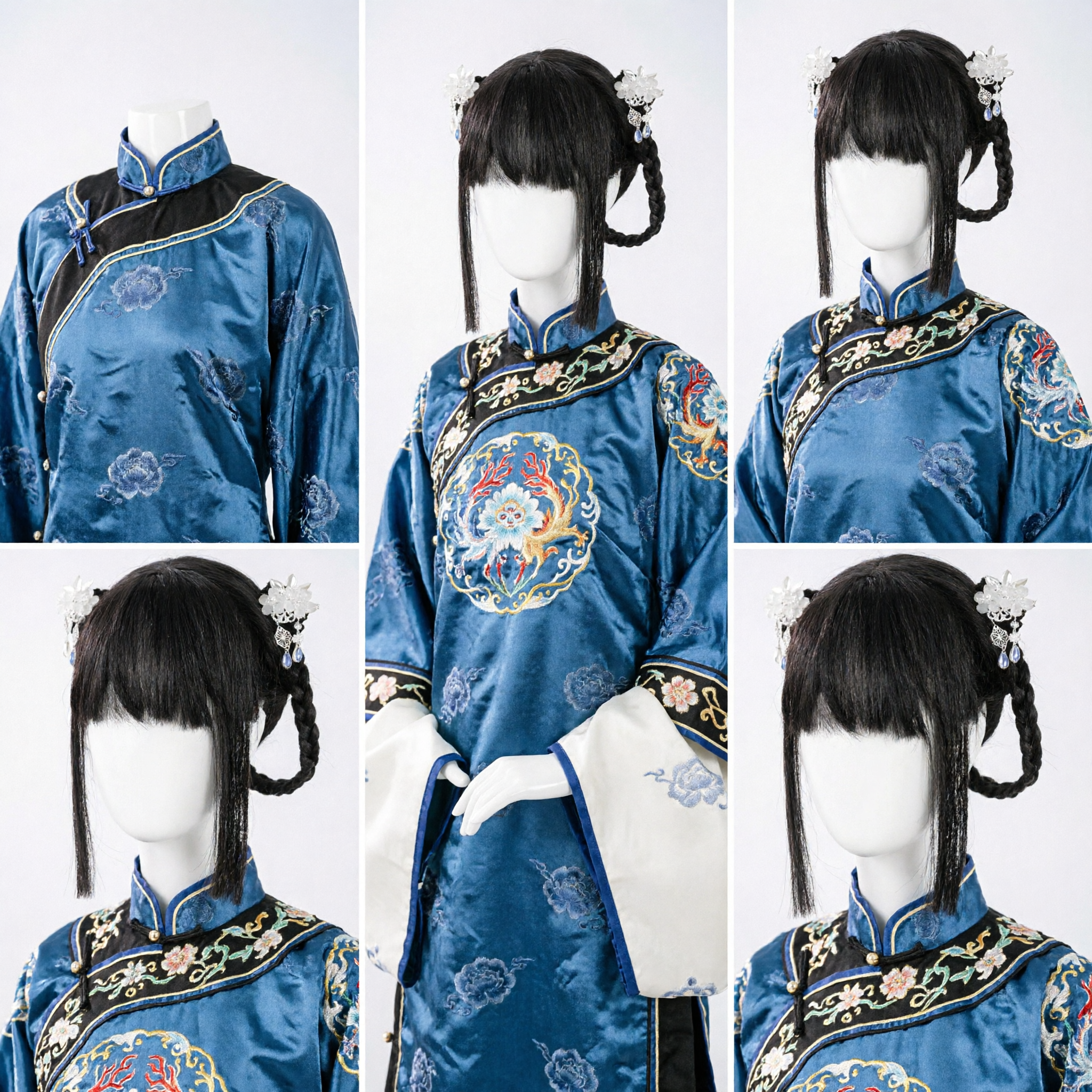 Traditional Chinese Ancient Style Black Wig with Braided Pigtails and Floral Hairpins for Hanfu Cosplay - Asian Costume