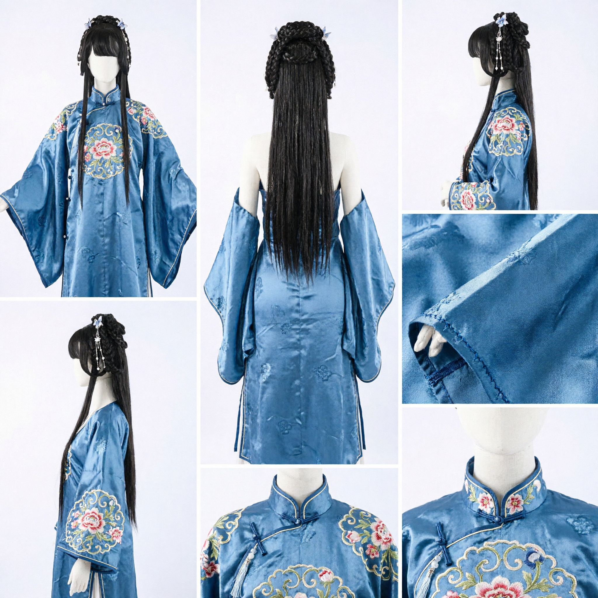 Ancient Chinese Hanfu Wig Black Braided Hairpiece with Blue Butterfly Accessories for Women Cosplay Performance - Asian Costume