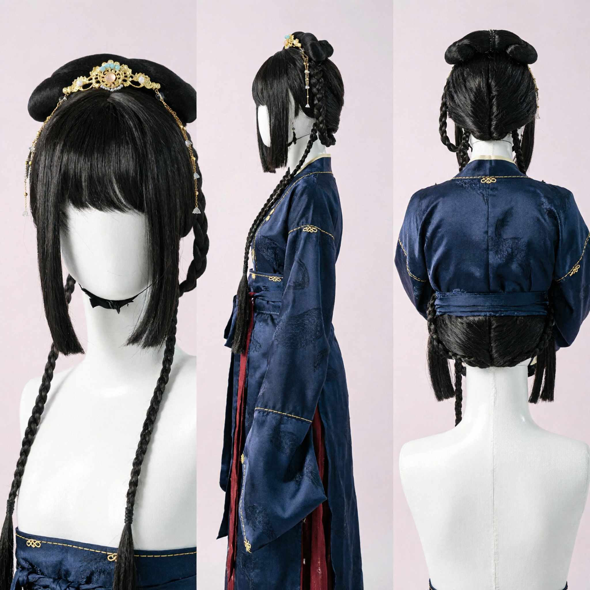 Traditional Chinese Hanfu Wig Ancient Palace Maid Hairstyle Black Braided Hair with Gold Ornaments for Cosplay - Asian Costume