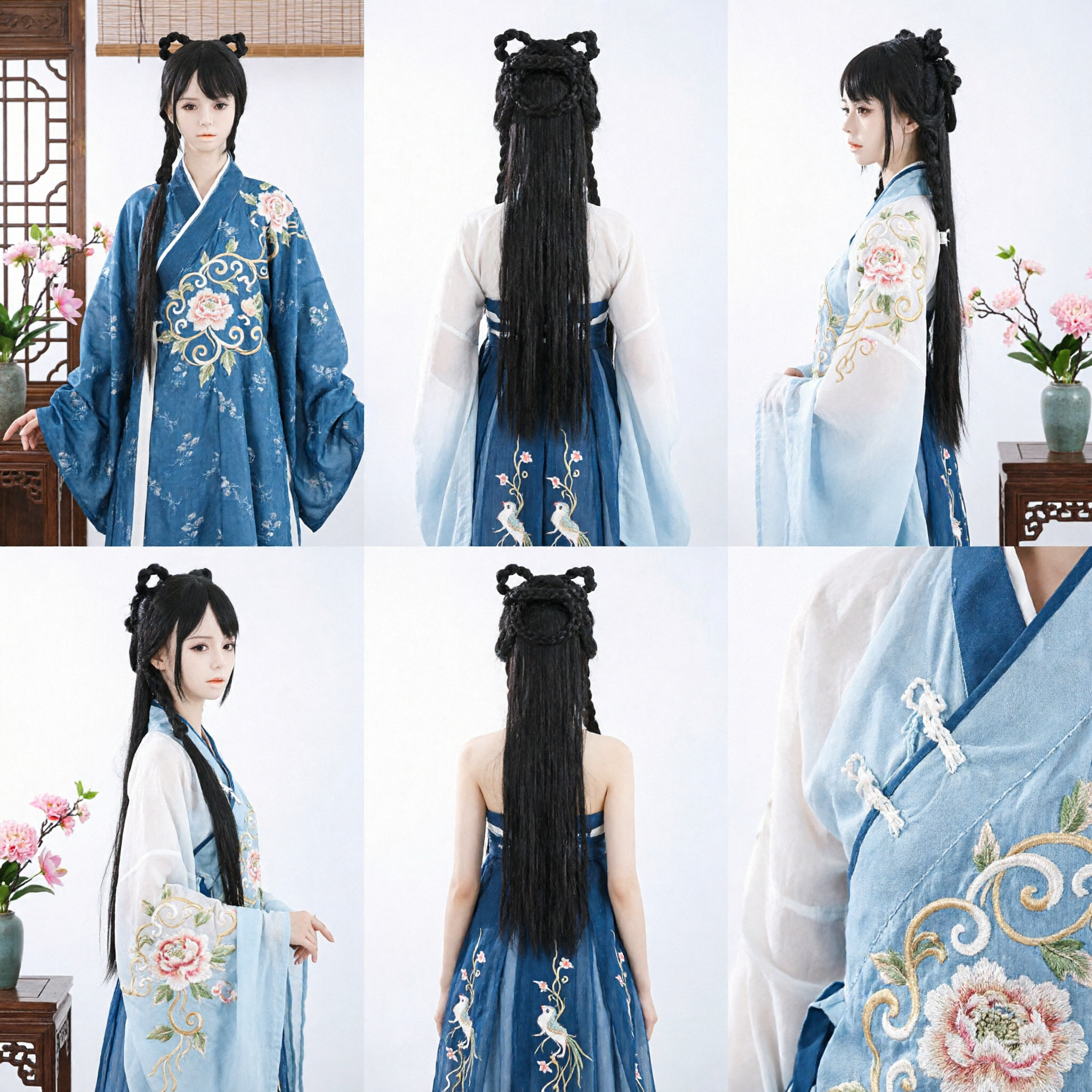 Ancient Chinese Traditional Black Wig with Long Braids and Double Buns for Hanfu Cosplay Costume - Asian Costume