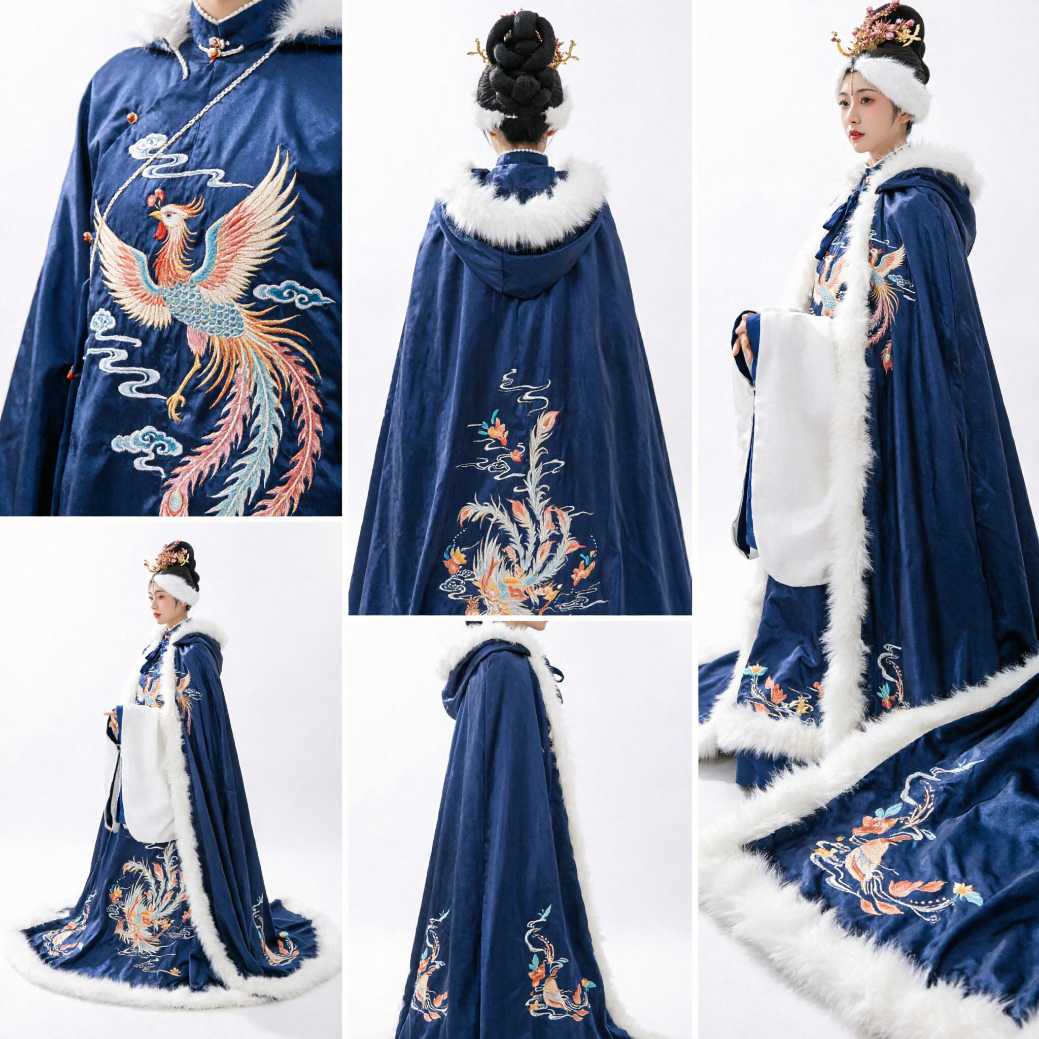 Traditional Chinese Hanfu Winter Cloak Navy Blue Velvet Cape with White Fur Trim and Embroidery for Women - Asian Costume