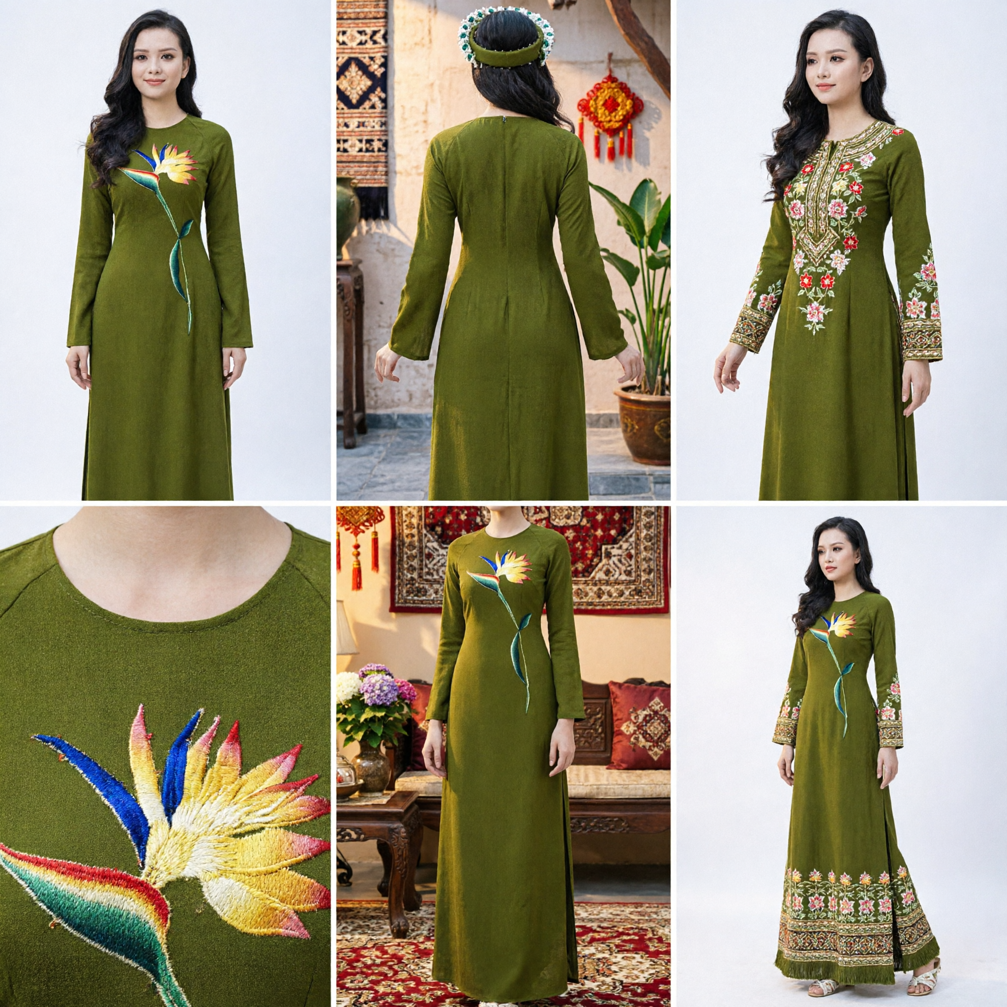 Elegant Green Vietnamese Ao Dai Long Dress for Women with Bird of Paradise Floral Print Traditional Costume - Asian Costume