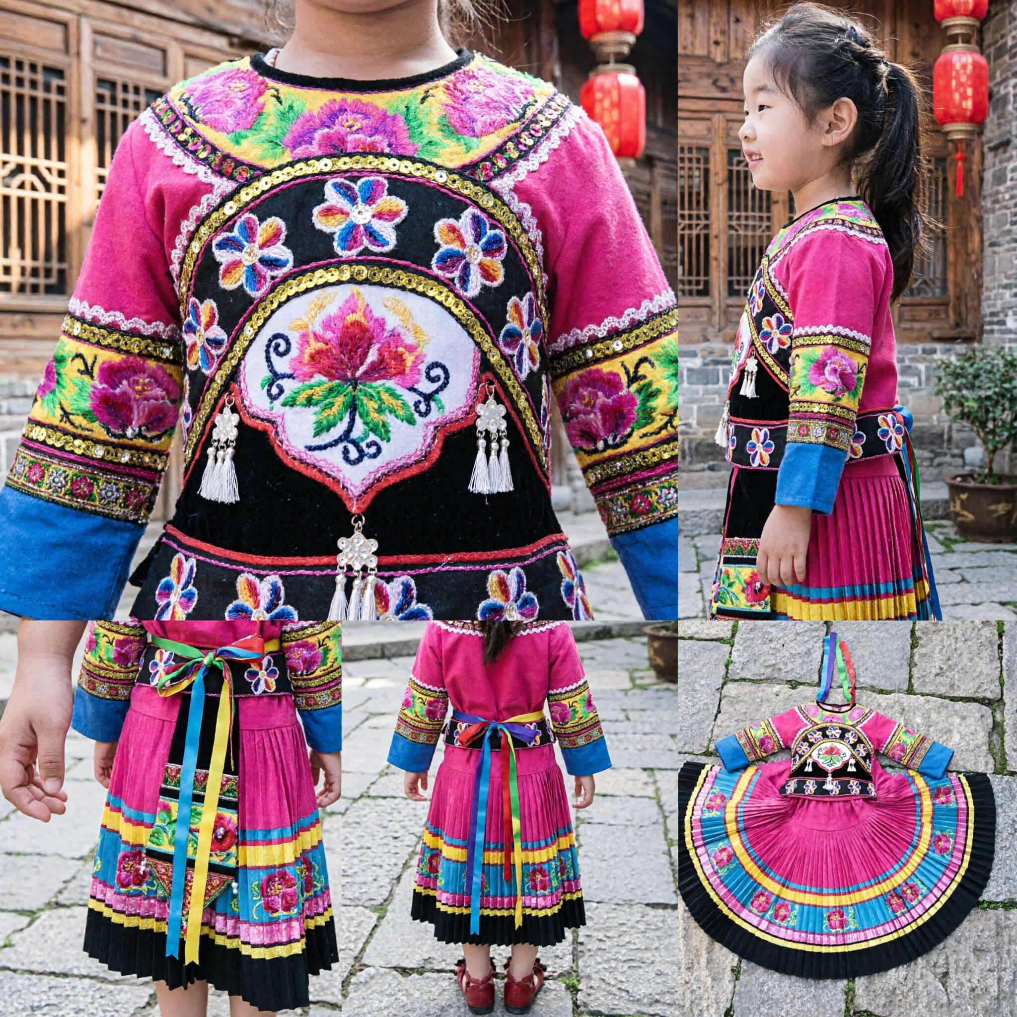Traditional Chinese Miao Ethnic Minority Embroidery Dress Kids Girls Folk Dance Festival Performance Costume - Asian Costume