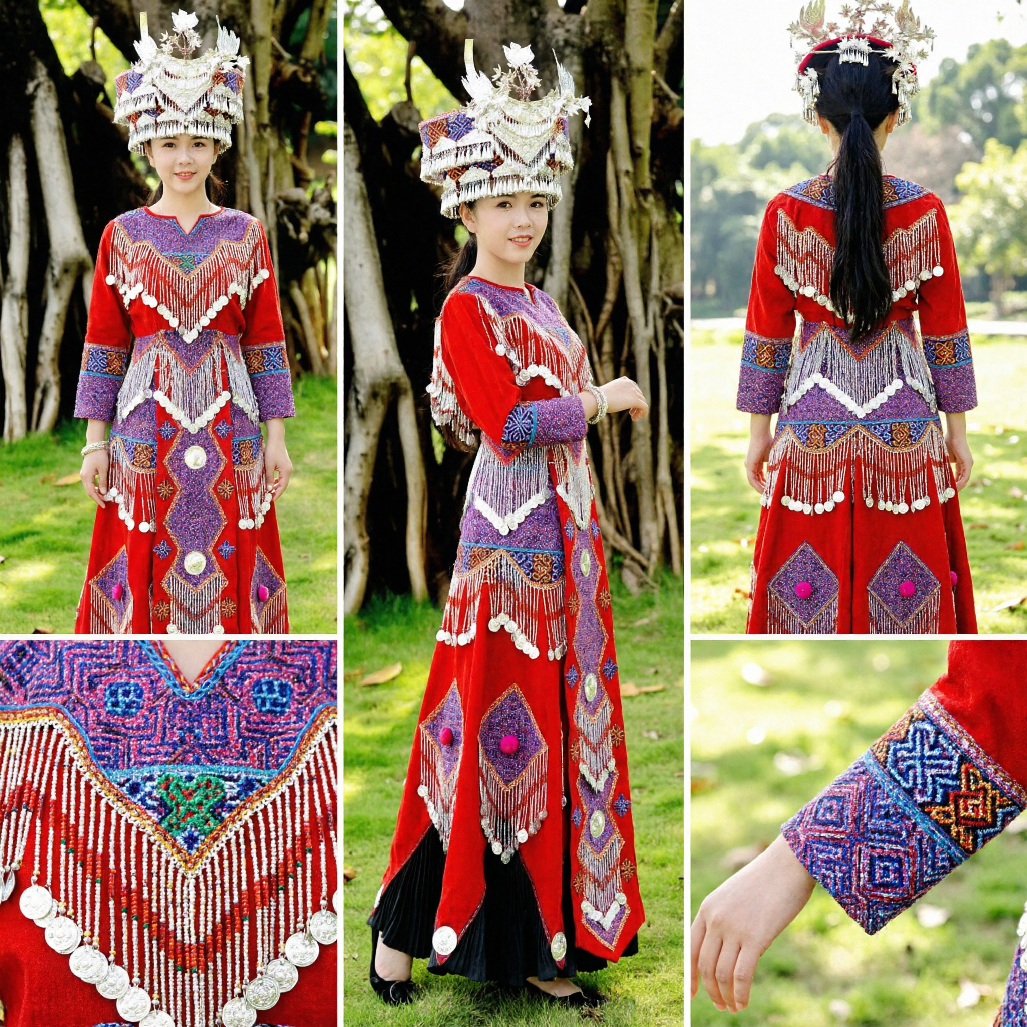 Traditional Chinese Miao Ethnic Costume Red Embroidered Long Dress with Silver Headdress for Women Folk Dance Performance - Asian Costume