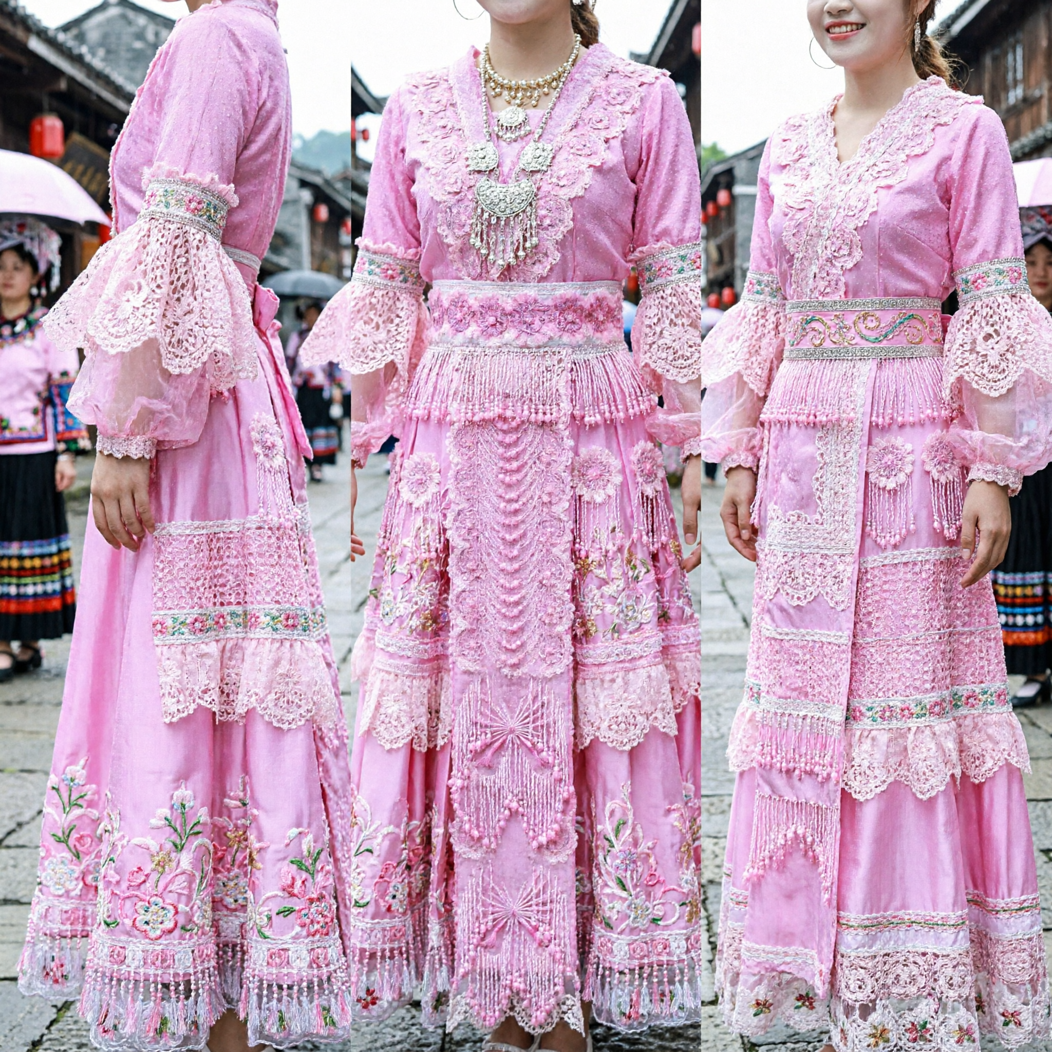 Traditional Chinese Ethnic Minority Pink Dance Costume Women's Embroidered Dress and Headdress Set for Stage Performance - Asian Costume