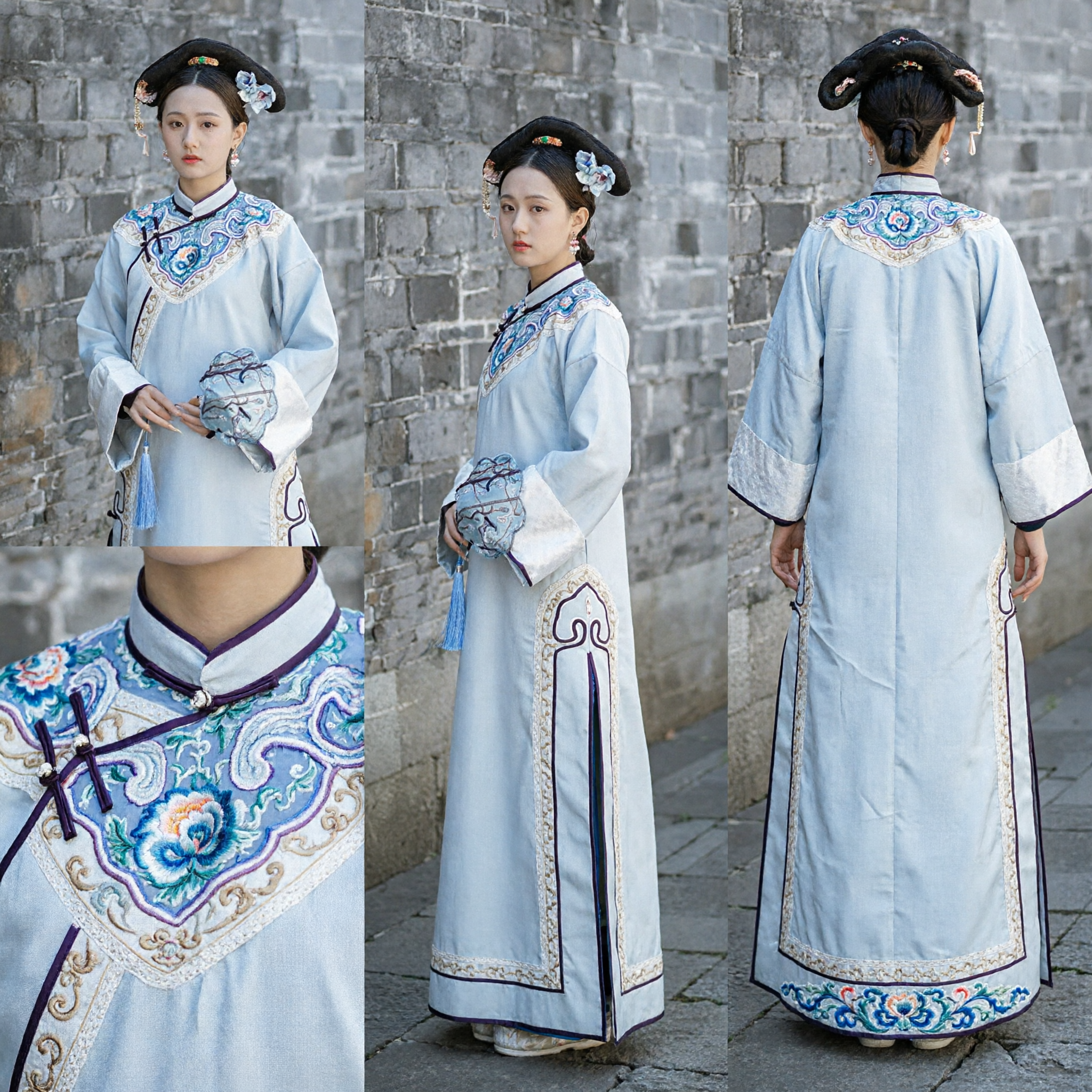 Traditional Chinese Qing Dynasty Manchu Noble Lady Costume Light Blue Embroidered Robe for Women Cosplay Stage Performance - Asian Costume