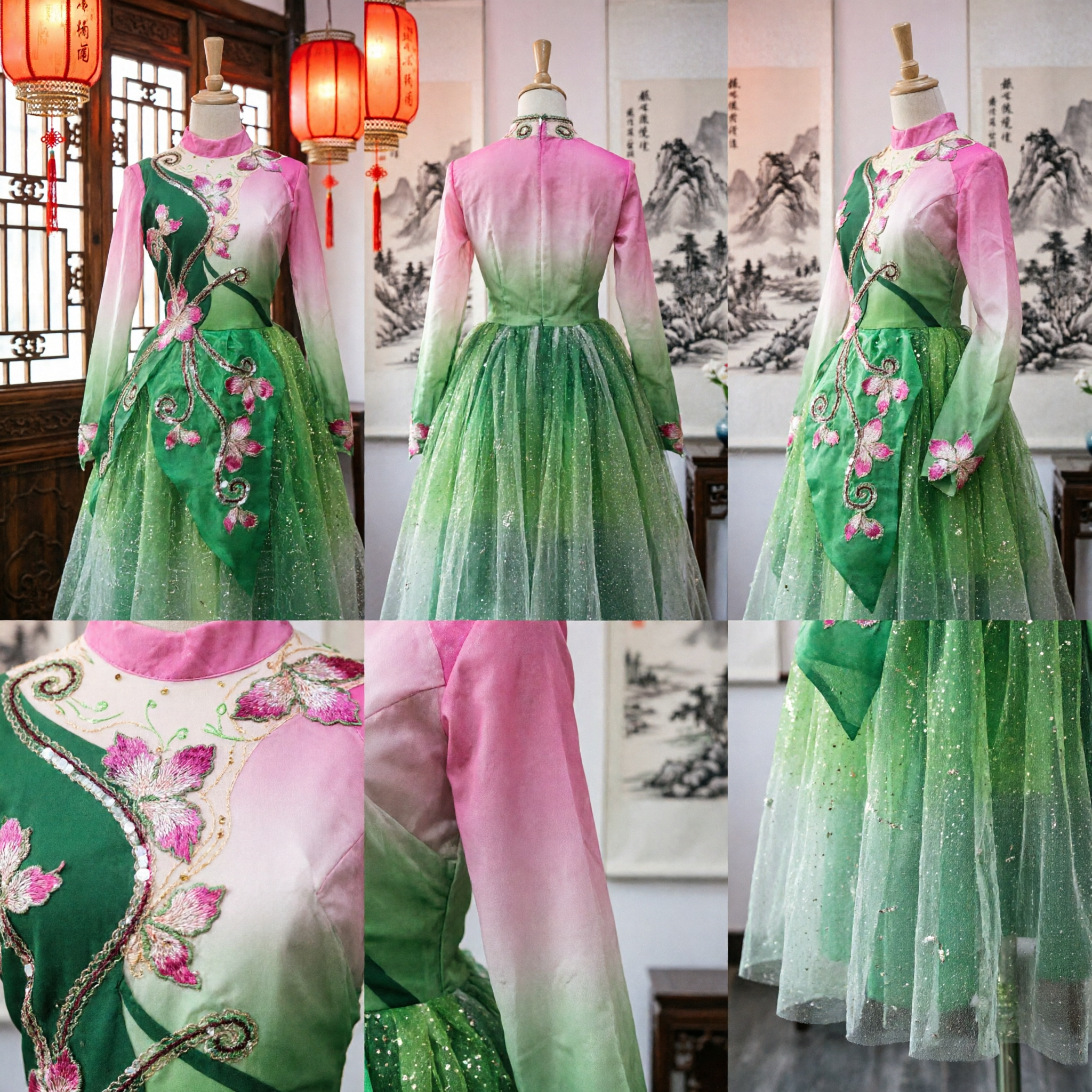 Chinese Traditional Folk Dance Costume Green Lotus Embroidery Stage Performance Dress for Women - Asian Costume