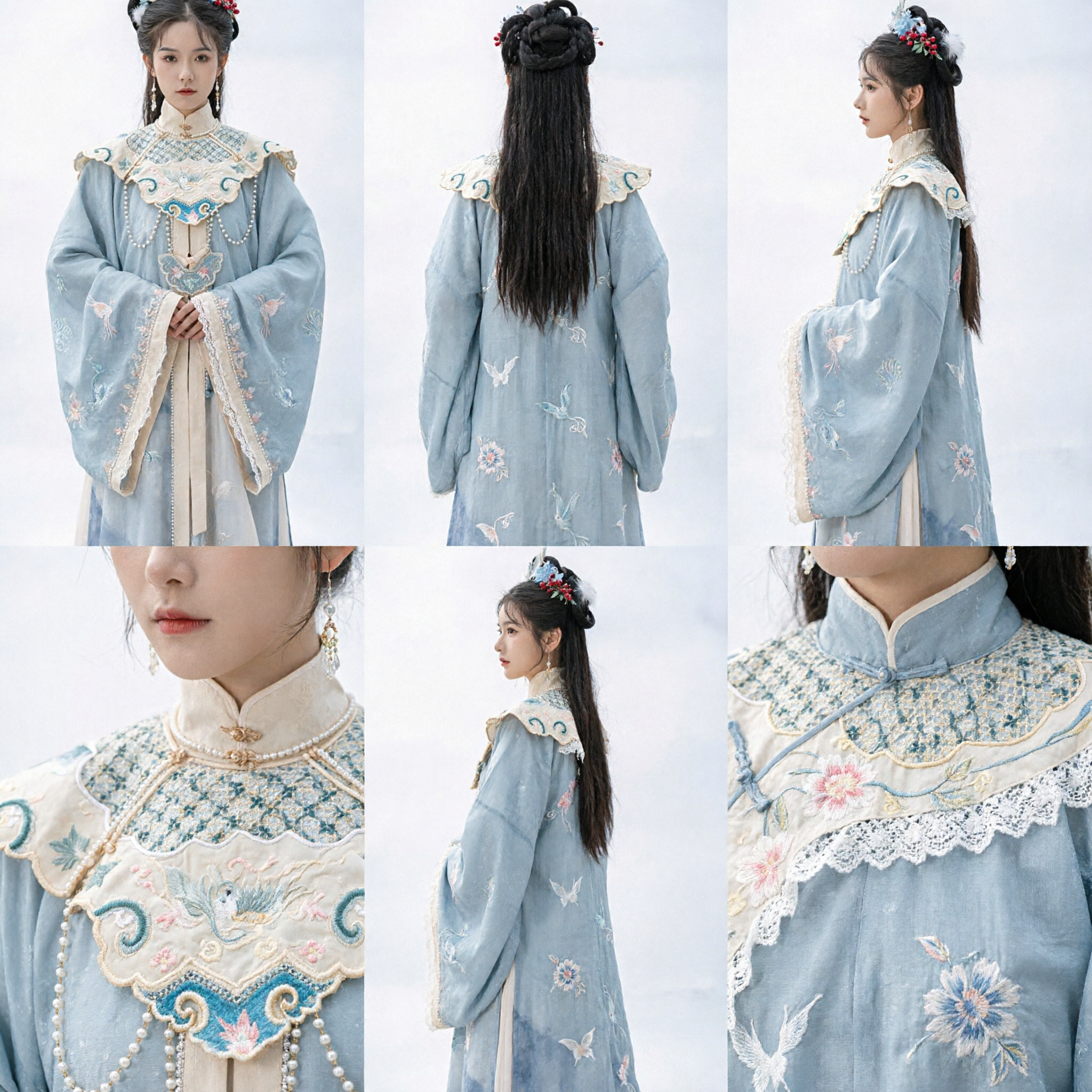 Traditional Chinese Hanfu Ming Dynasty Style Blue Embroidered Cloud Shoulder Ancient Costume for Women - Asian Costume