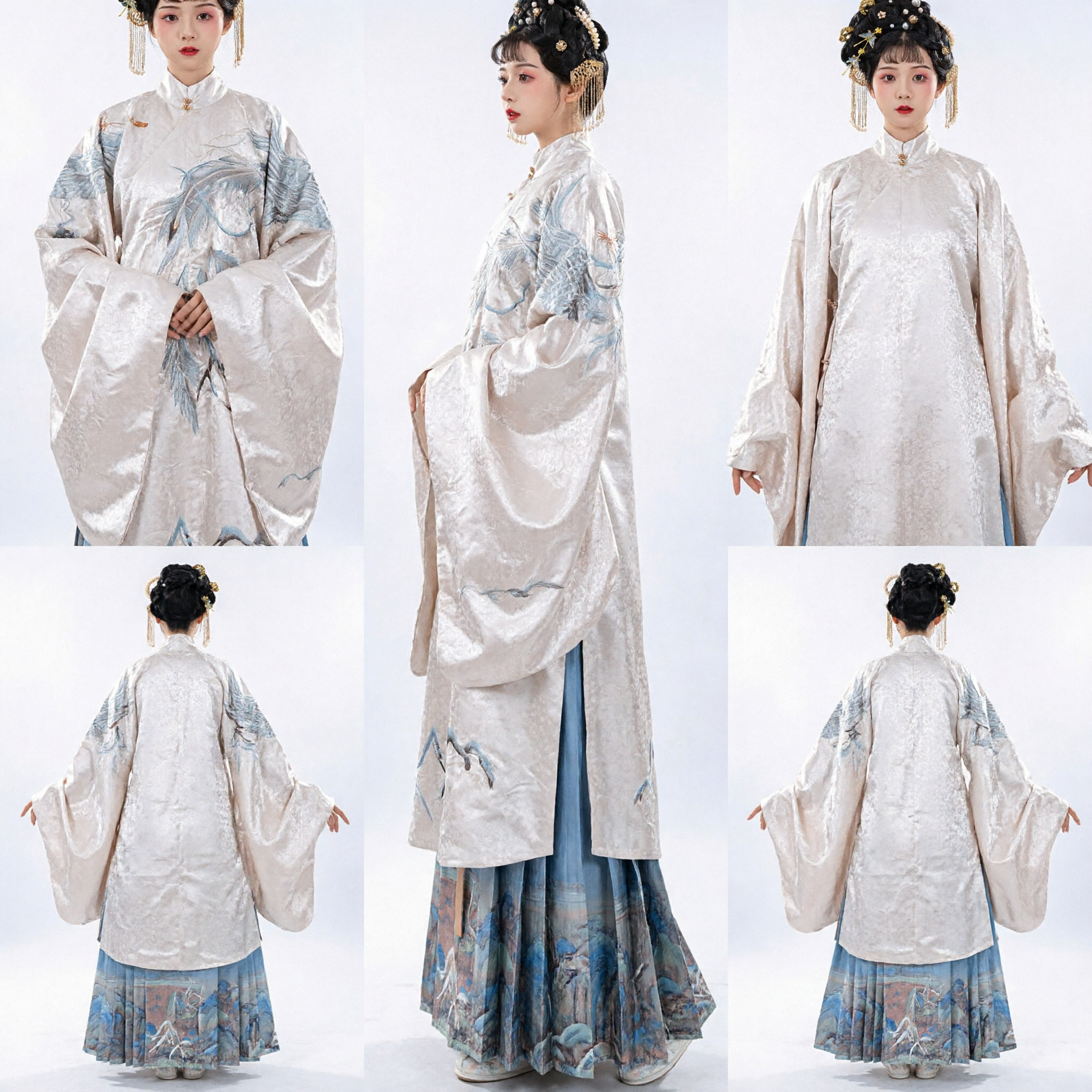 Traditional Chinese Hanfu Ming Dynasty Aoqun Set Cream Crane Embroidery Standing Collar Top and Blue Landscape Skirt for Women - Asian Costume