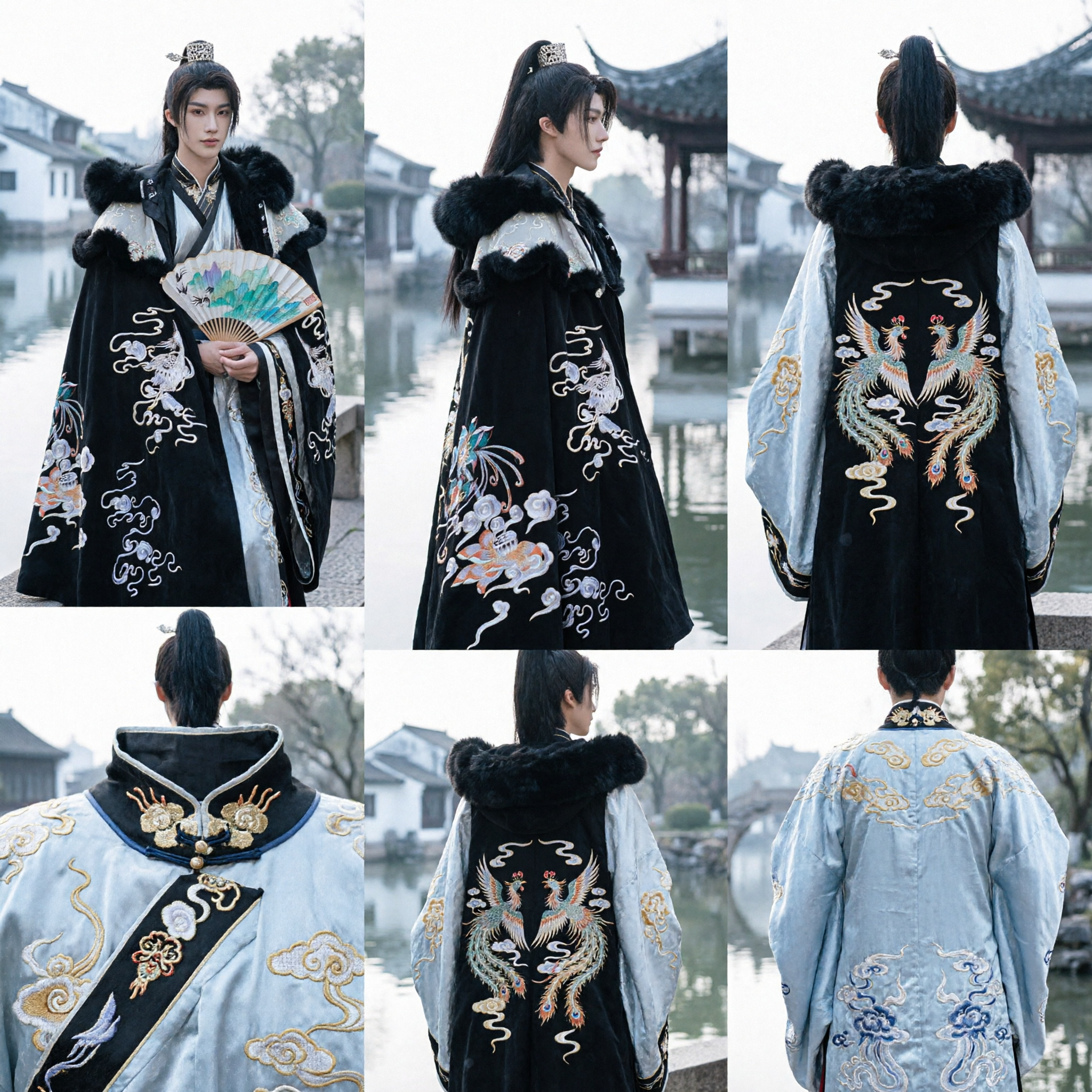 Men's Traditional Chinese Hanfu Black Cloak with Fur Collar and Crane Embroidery Ancient Noble Cosplay Costume - Asian Costume