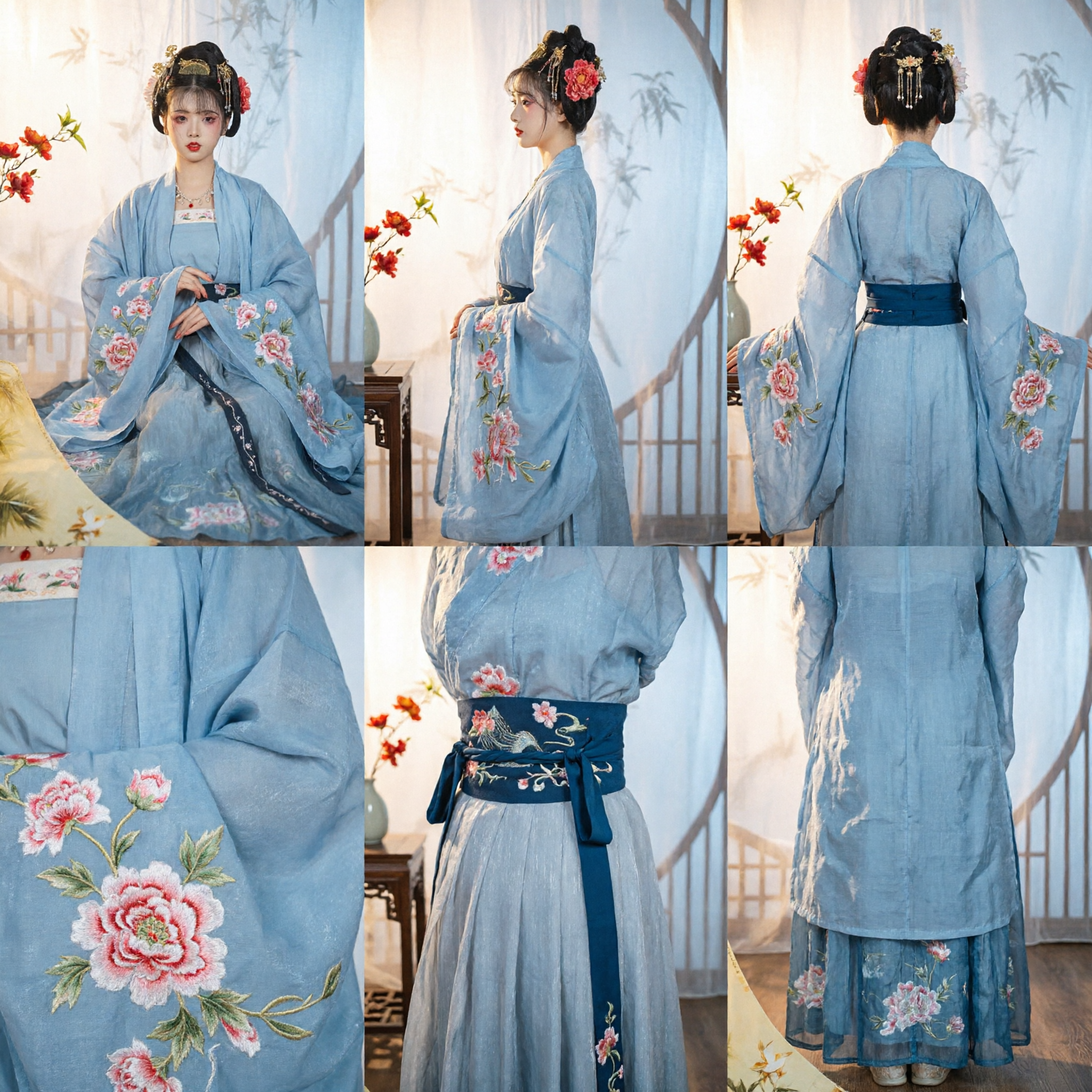 Women's Traditional Chinese Hanfu Light Blue Embroidered Ancient Costume Set for Cosplay and Photography - Asian Costume