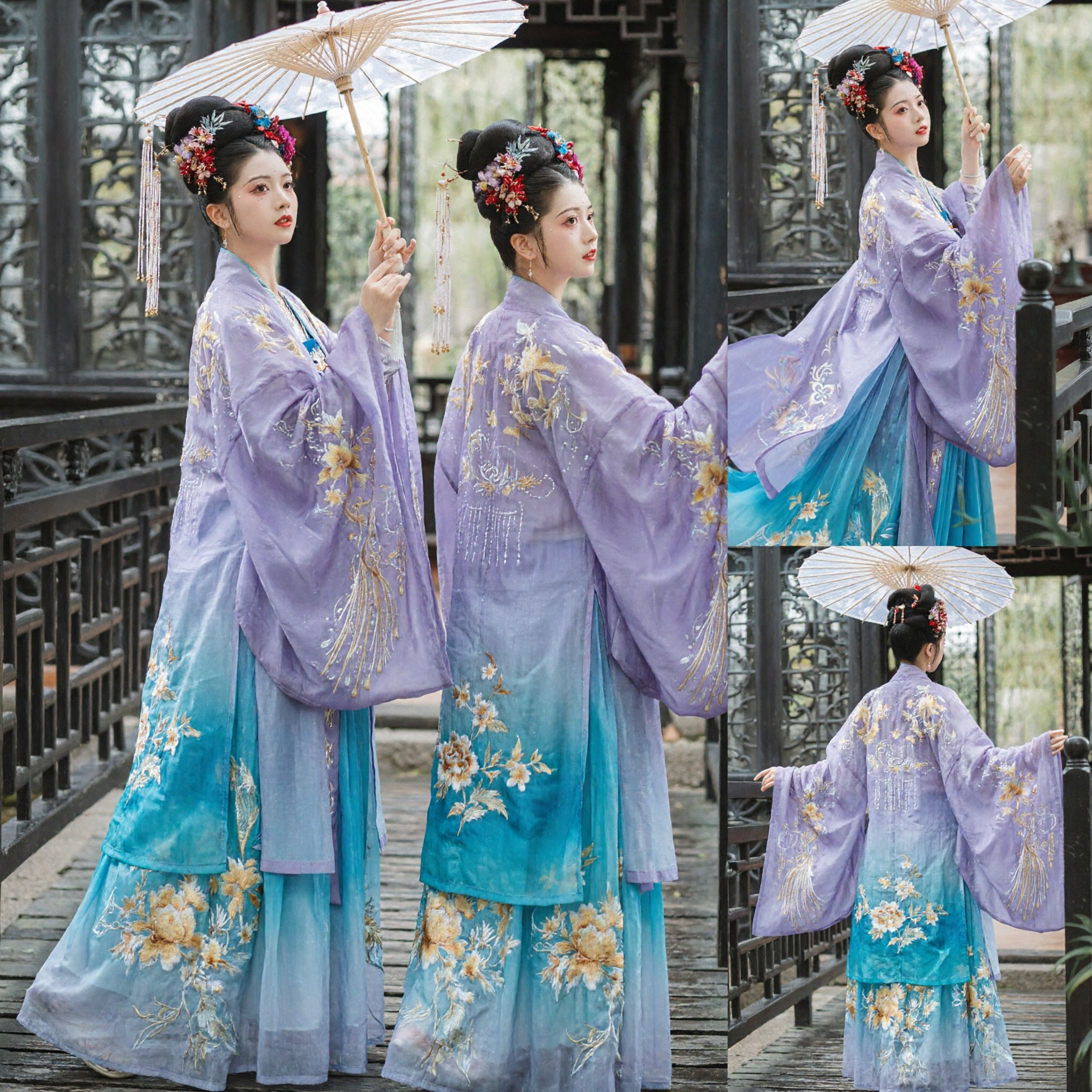 Traditional Chinese Hanfu Dress Women Purple Embroidered Robe Blue Skirt Ancient Costume for Performance - Asian Costume