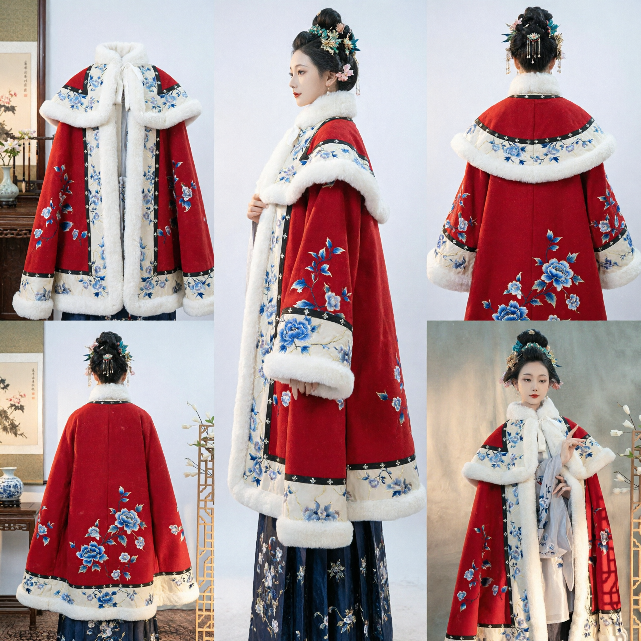 Red Ming Dynasty Hanfu Winter Cloak Doupeng with White Fur Trim and Blue Embroidery for Lunar New Year Women - Asian Costume