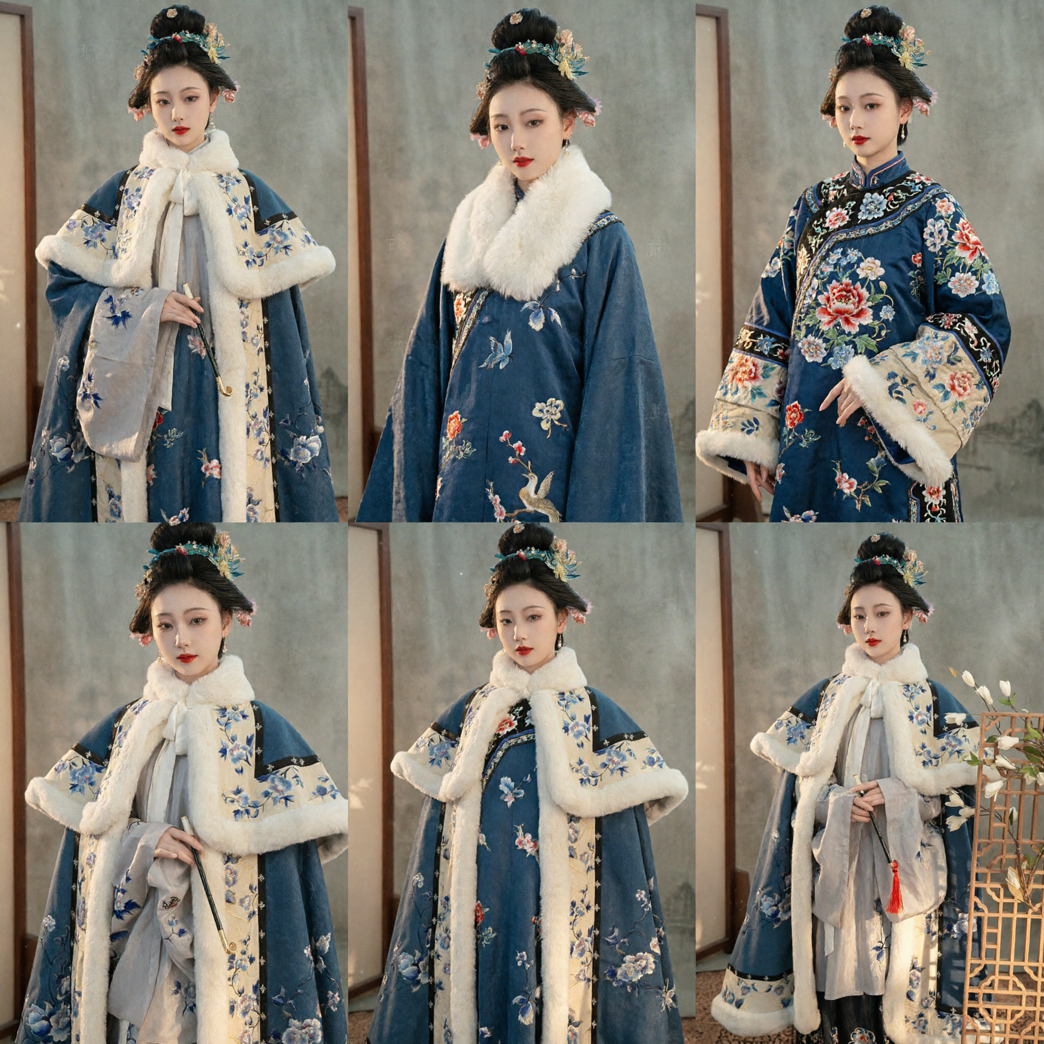 Traditional Chinese Hanfu Winter Fur Cape Blue Floral Embroidery Cloak Ancient Costume for Women - Asian Costume