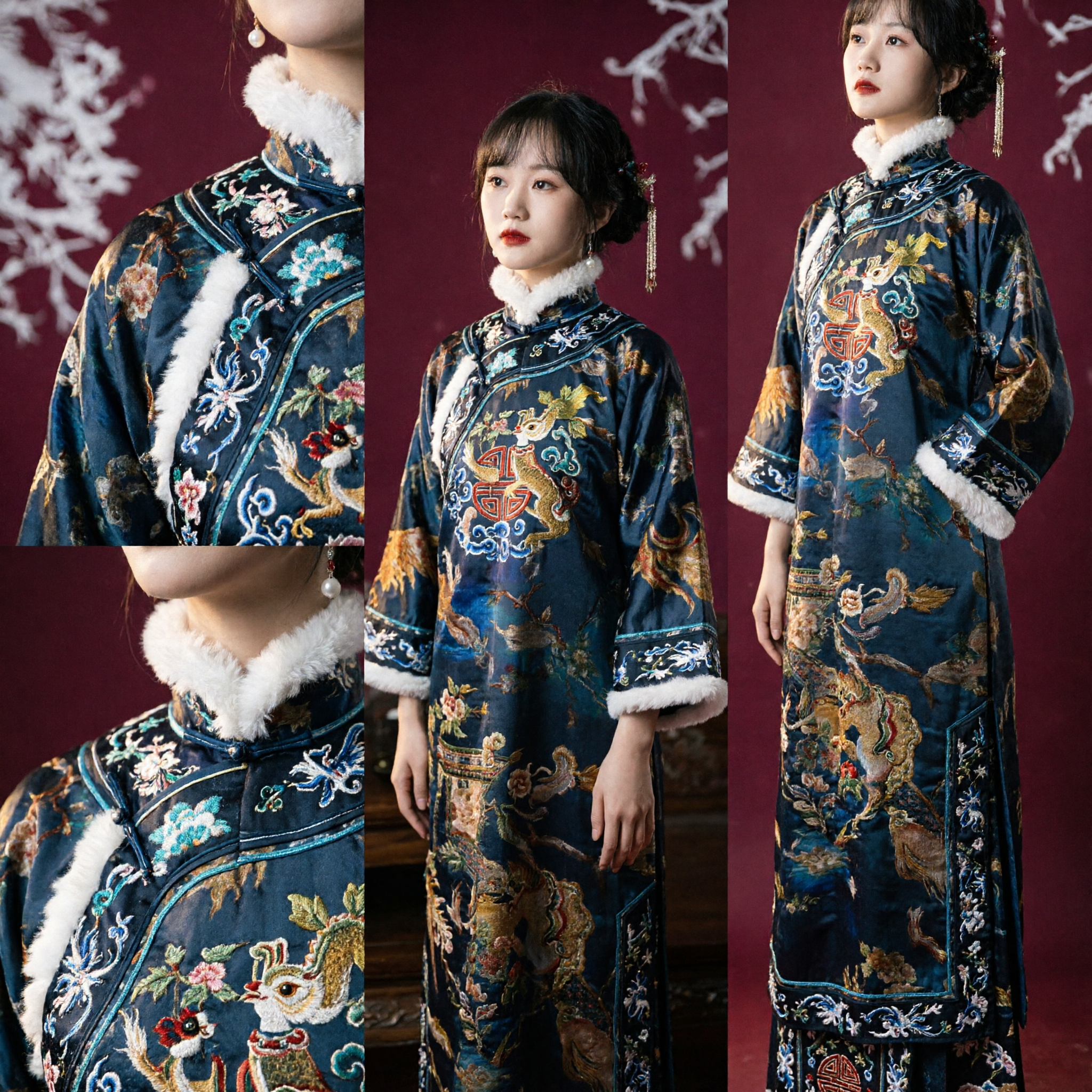 Women's Traditional Chinese Winter Qipao Coat with Fur Trim Elegant Tang Suit for Lunar New Year - Asian Costume