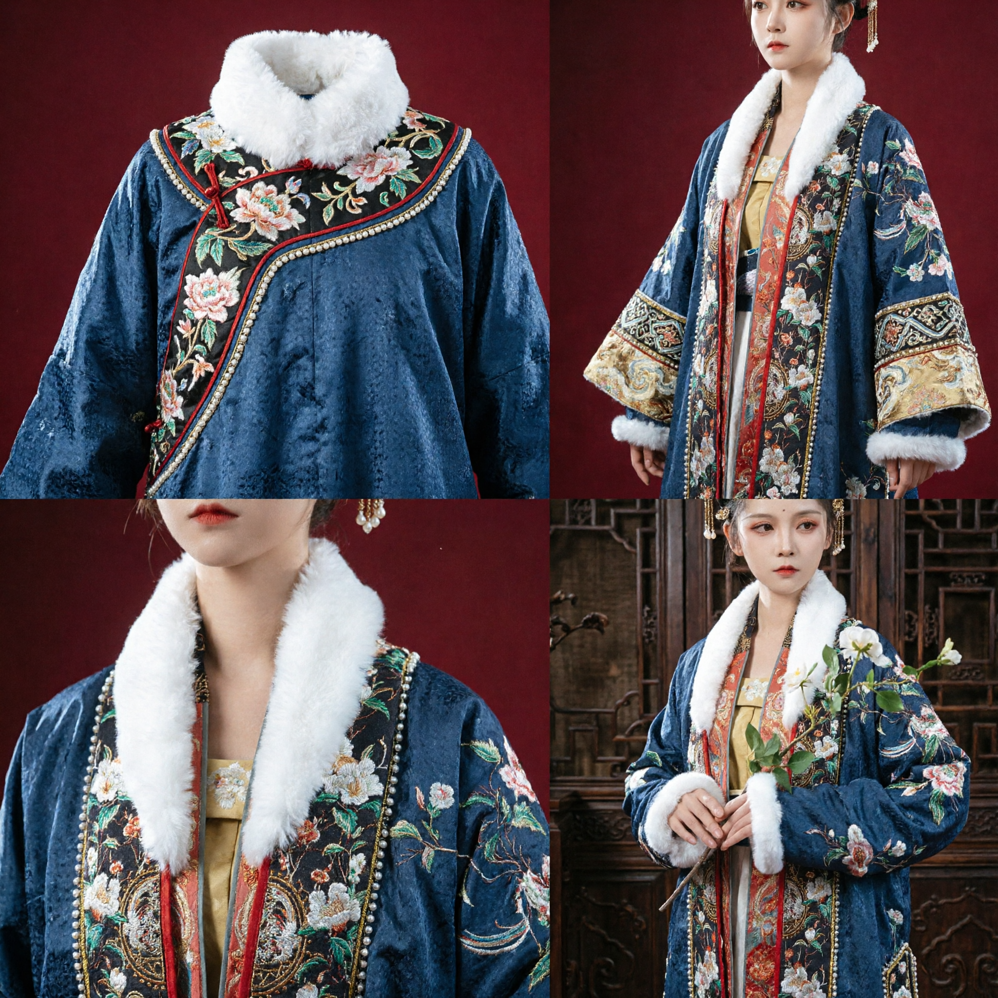 Traditional Chinese Hanfu Winter Coat Ming Dynasty Blue Floral Embroidery Faux Fur Collar Robe for Women - Asian Costume