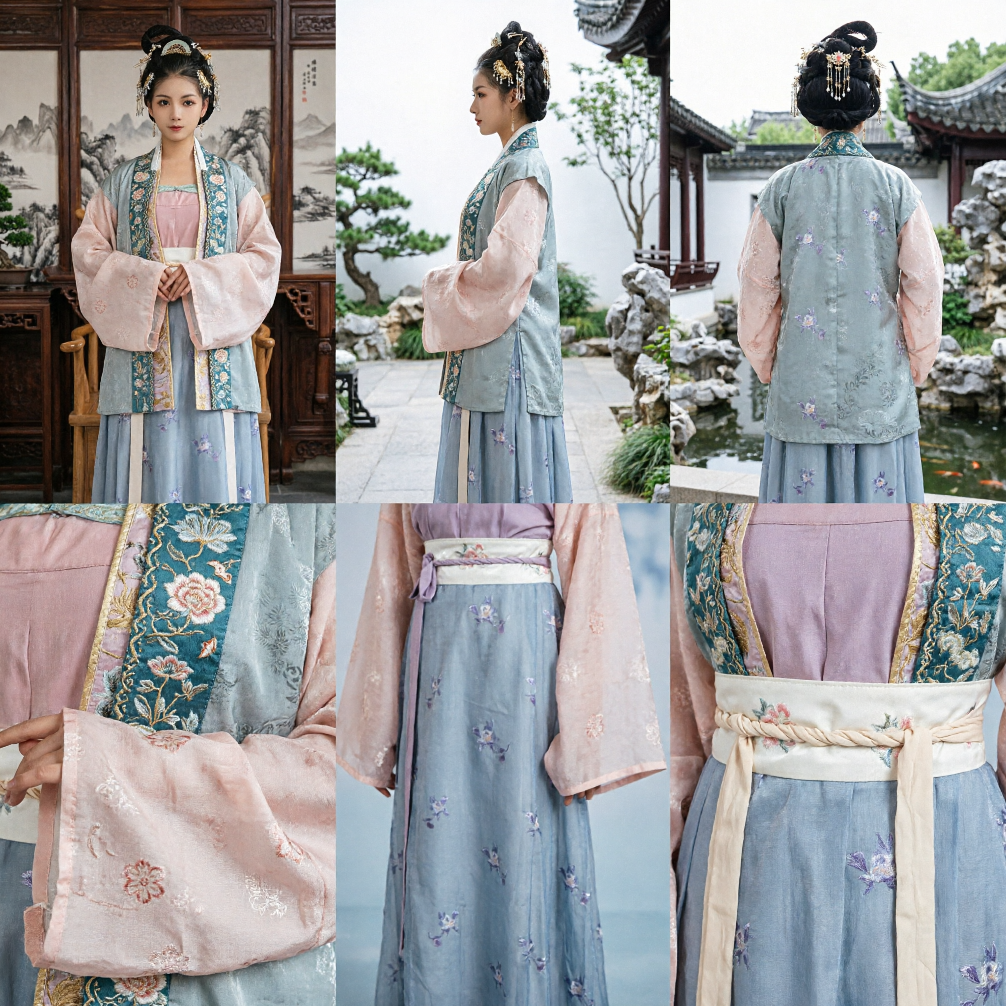 Elegant Chinese Traditional Hanfu Ancient Palace Lady Costume Blue Pink Floral Embroidery Dress for Women - Asian Costume