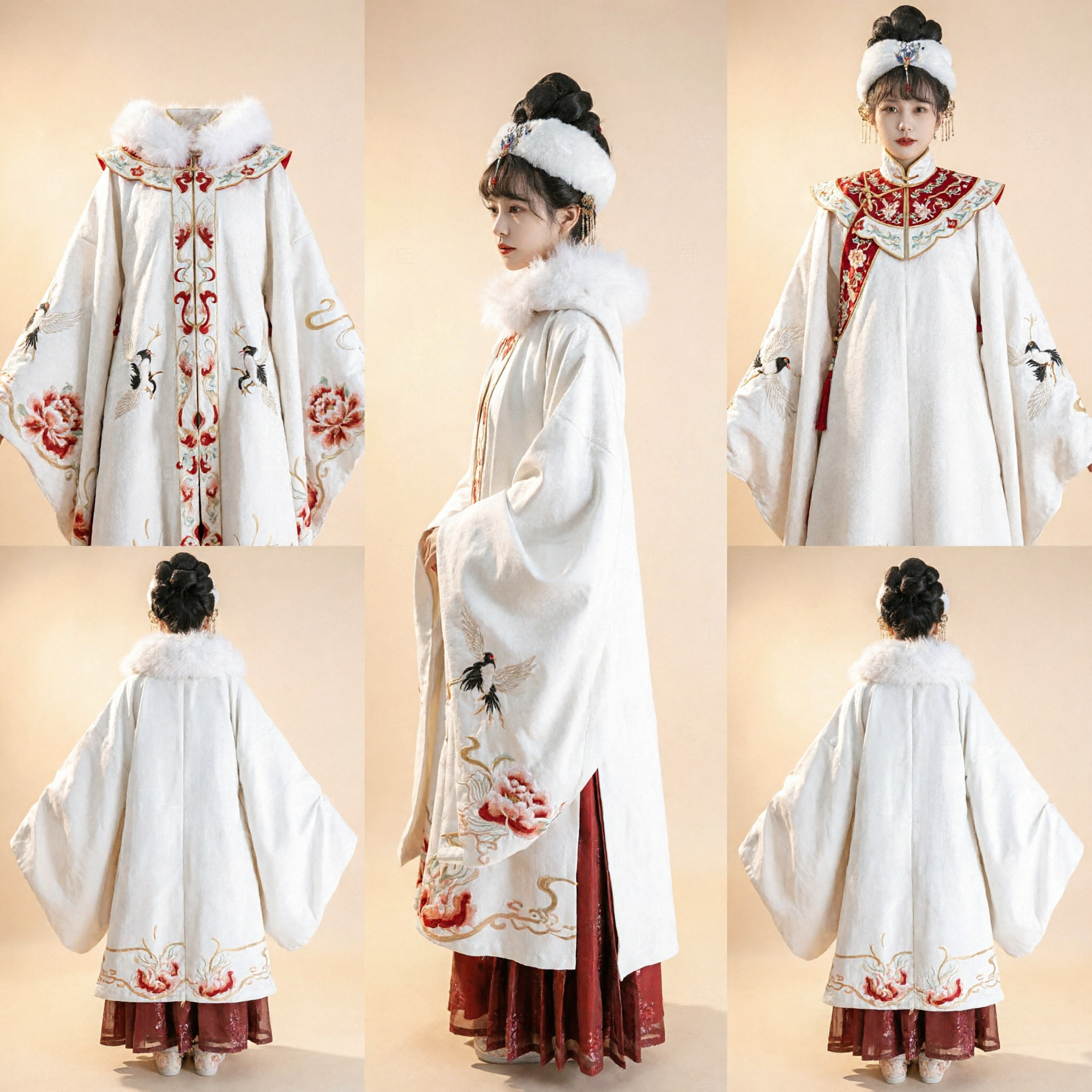Chinese Traditional Hanfu White Winter Cloak with Fur Collar and Red Crane Embroidery for Women - Asian Costume