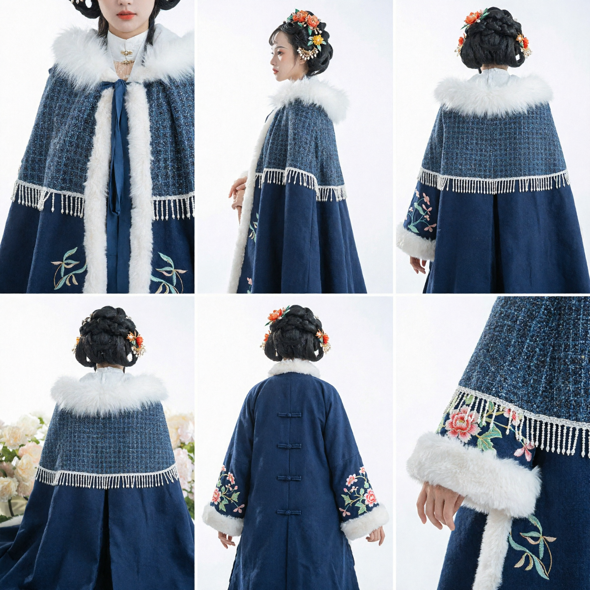 Traditional Chinese Hanfu Winter Cloak Dark Blue Fur Trim Cape Embroidered Doupeng for Women Ancient Costume - Asian Costume