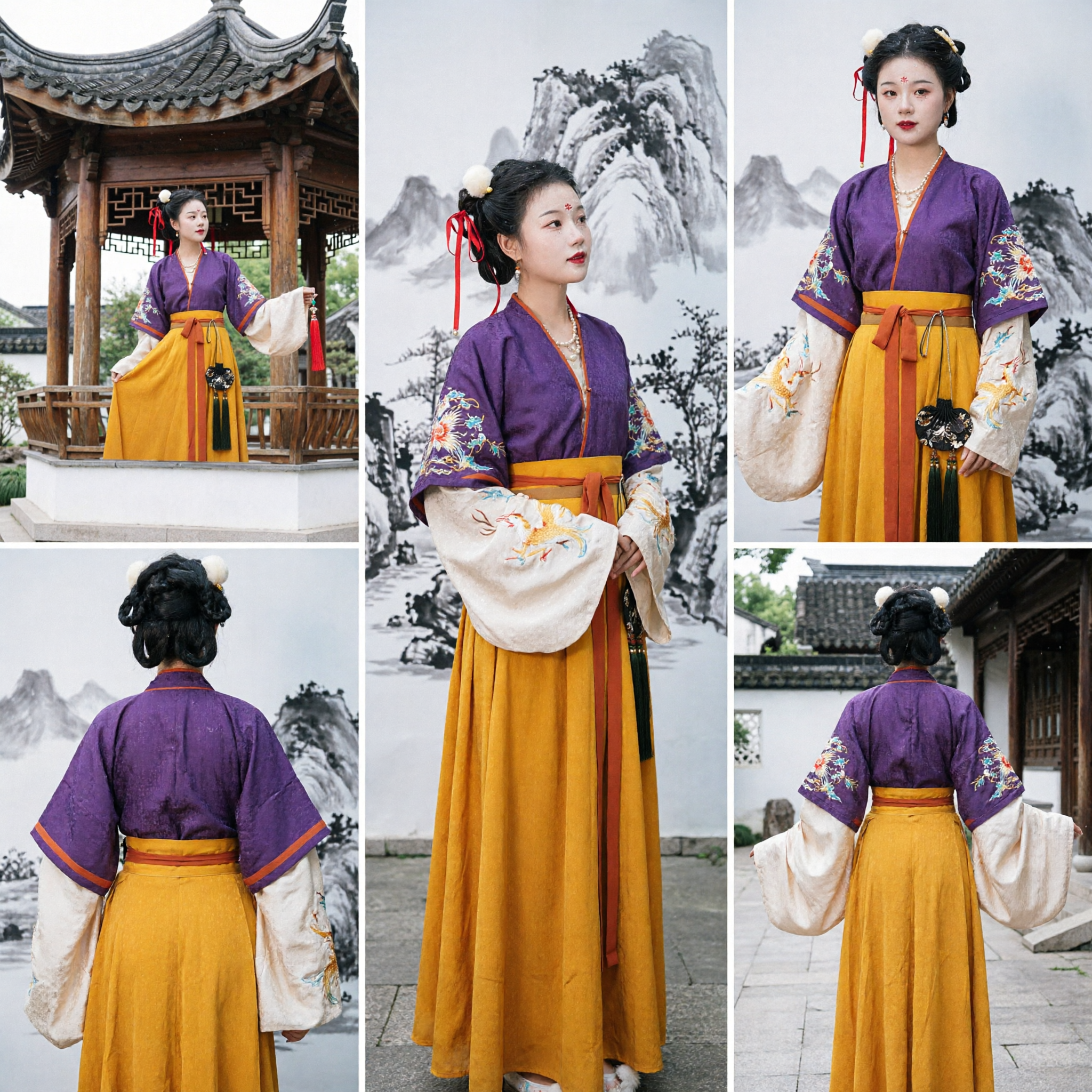 Traditional Chinese Hanfu Costume Women Ancient Tang Dynasty Purple Cross-Collar Top and Yellow High-Waist Skirt Set - Asian Costume