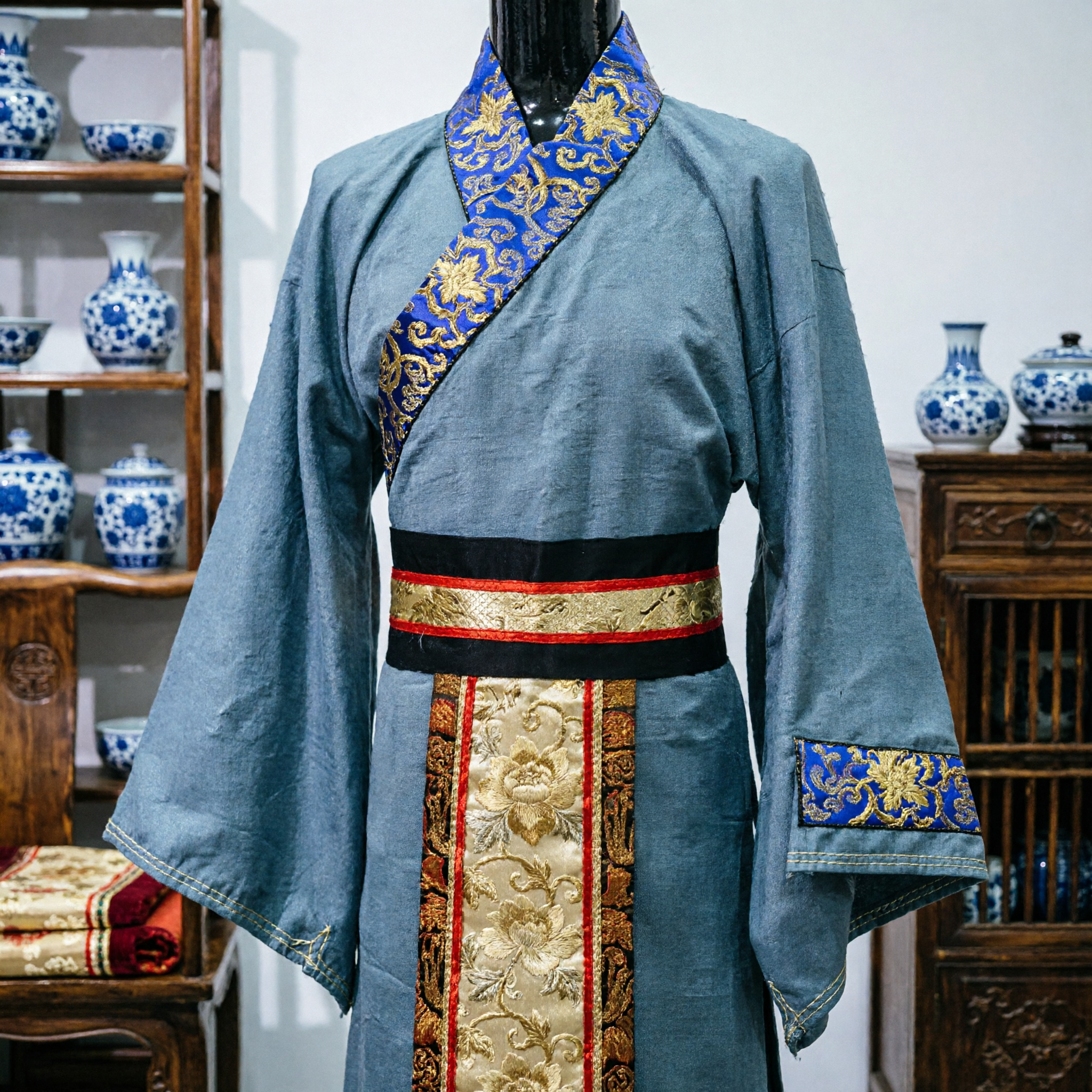 Ancient Chinese Men's Hanfu Costume Traditional Grey Robe with Blue Embroidered Collar for Historical Drama - Asian Costume