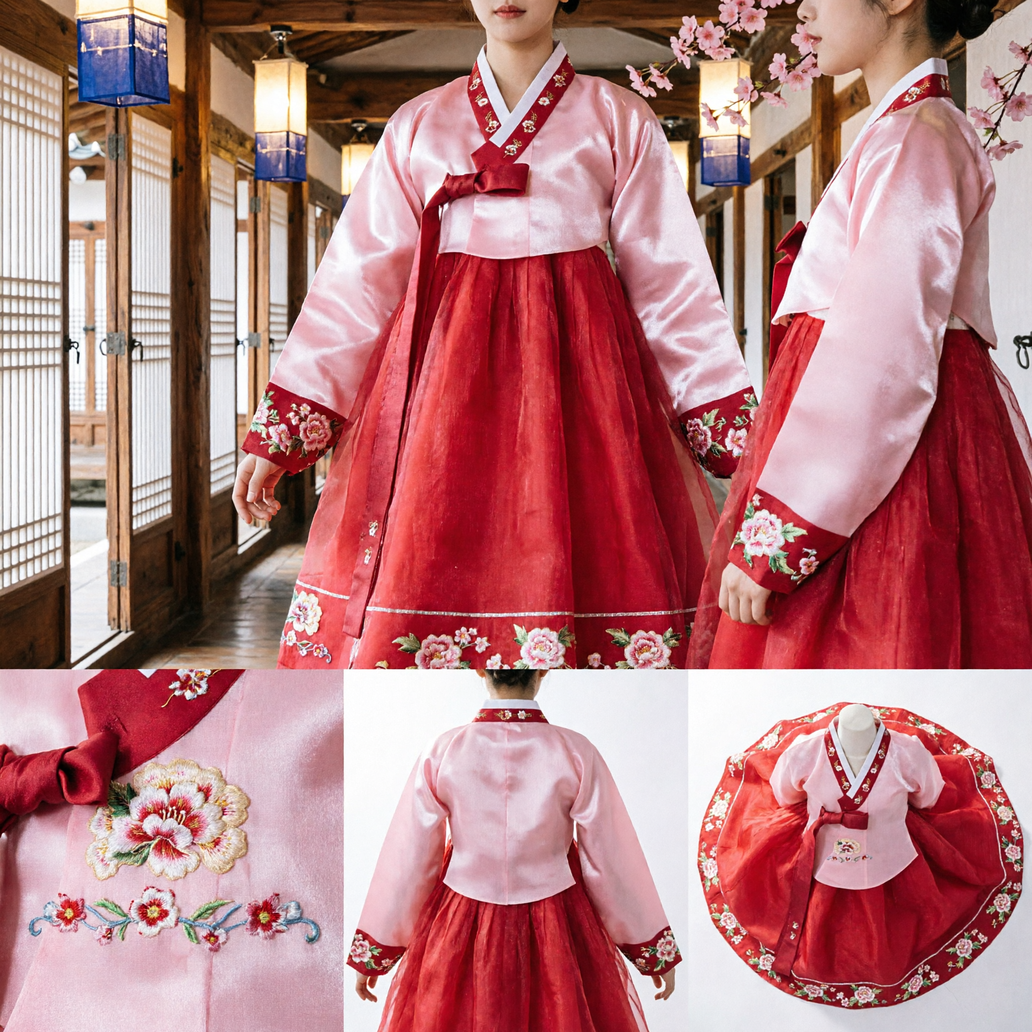 Traditional Korean Hanbok Set Pink Jeogori Red Chima Formal Dress for Women Wedding Party Celebration - Asian Costume