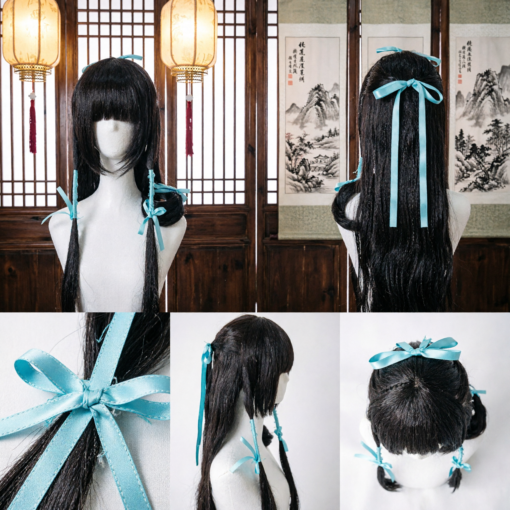 Long Straight Dark Brown Cosplay Wig with Blue Ribbon Accents for Anime Costume Parties and Halloween - Asian Costume