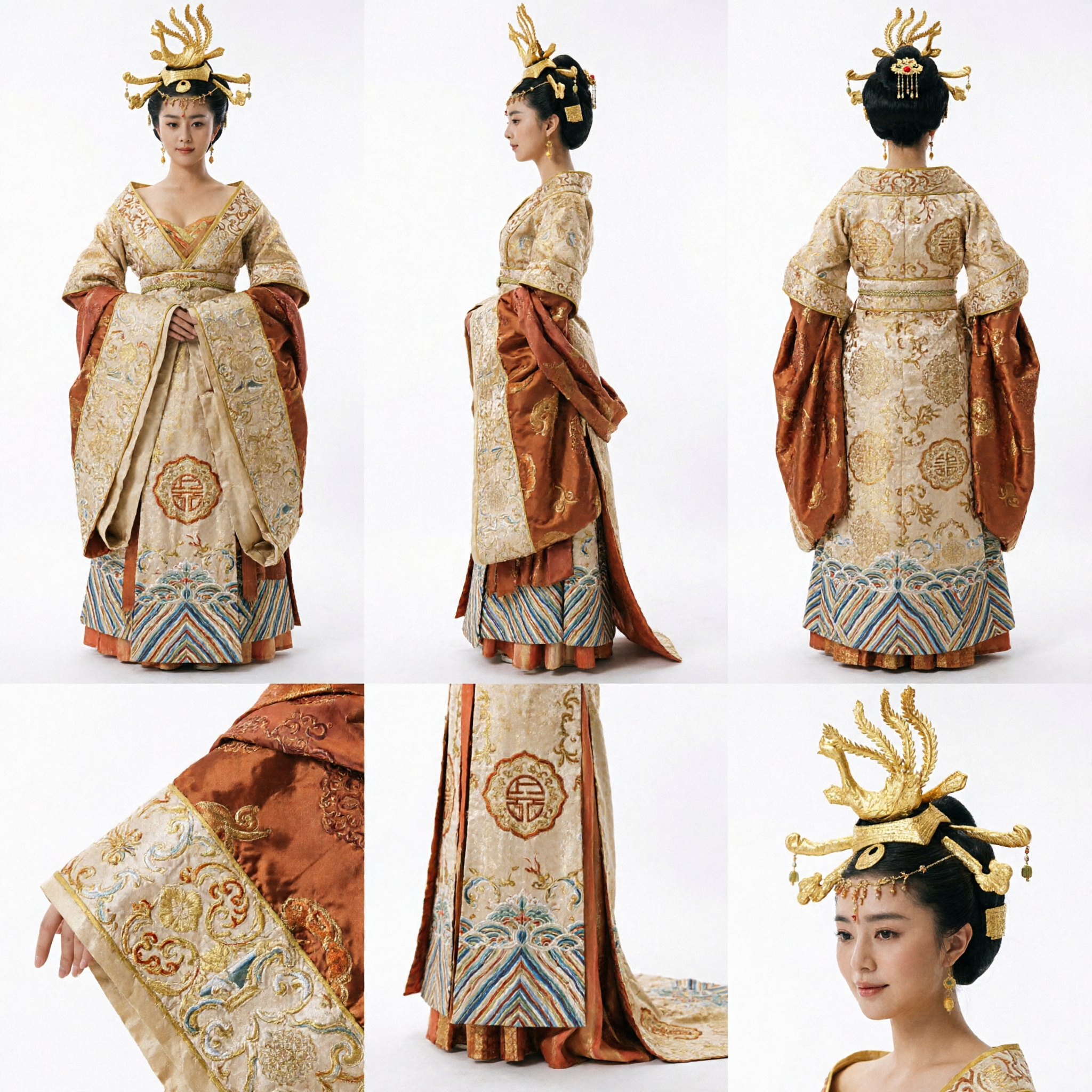 Ancient Chinese Tang Dynasty Empress Costume Set with Gold Phoenix Headdress and Embroidered Robe for Women - Asian Costume