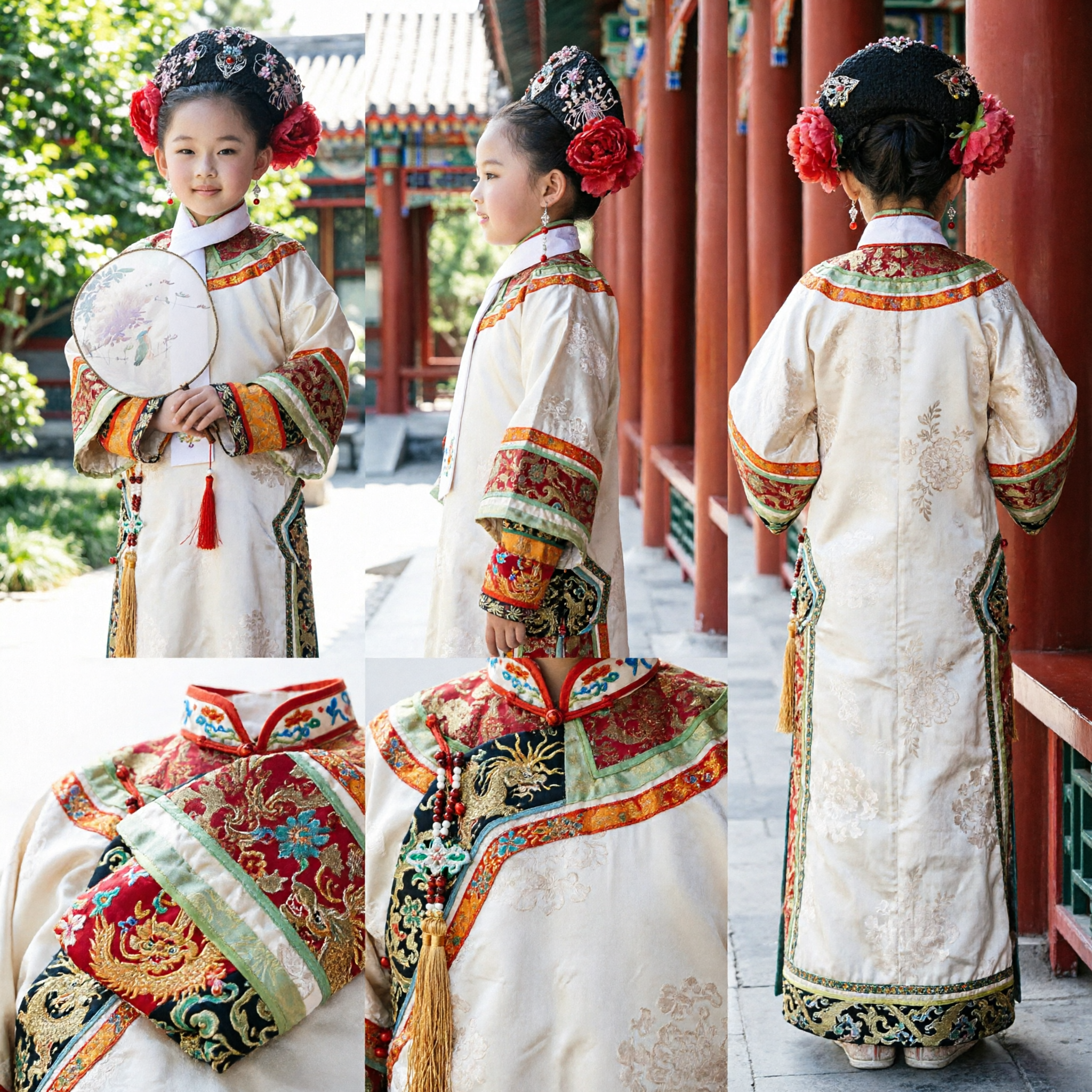 Traditional Chinese Qing Dynasty Manchu Princess Costume for Kids Girls Palace Drama Cosplay Outfit with Embroidered Headdress - Asian Costume