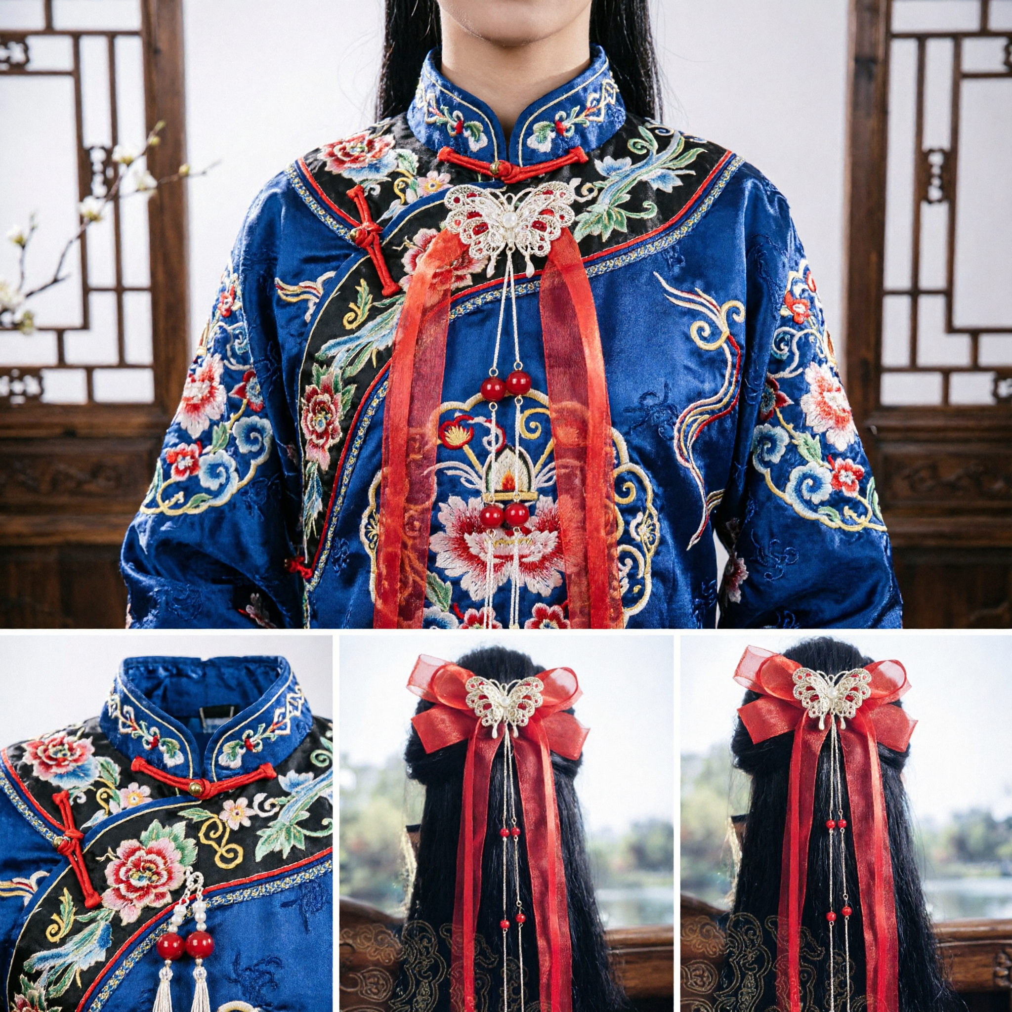 Traditional Chinese Hanfu Hair Accessory Red Bow Butterfly Ornament Ancient Style Headpiece for Women and Girls - Asian Costume