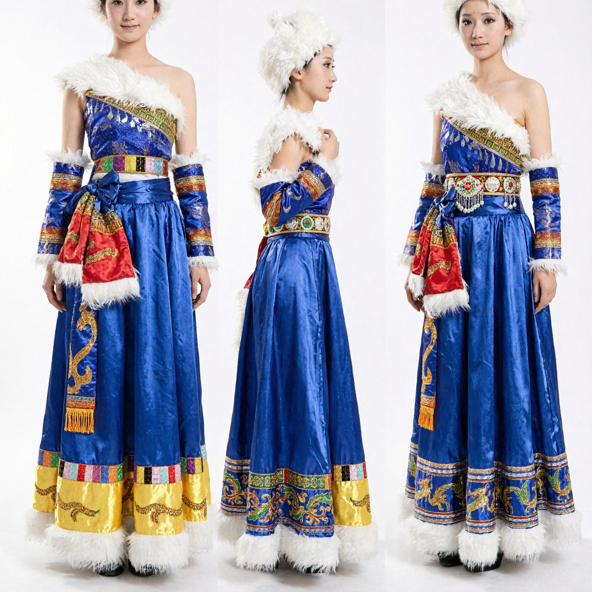 Blue Traditional Tibetan Folk Dance Costume Women's Ethnic Dress with White Fur Hat for Stage Performance - Asian Costume