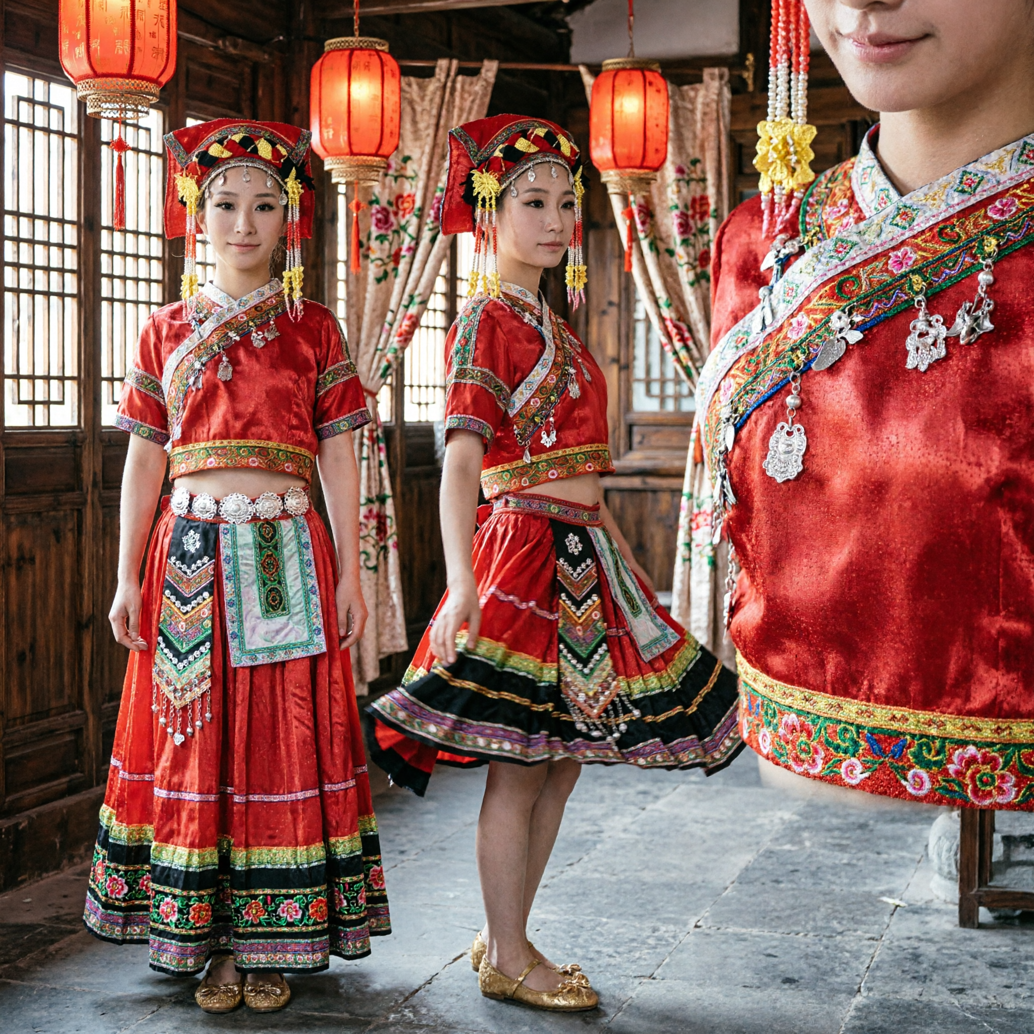 Traditional Chinese Ethnic Minority Dance Costume Women's Red Folk Dress Stage Performance Outfit with Headdress - Asian Costume