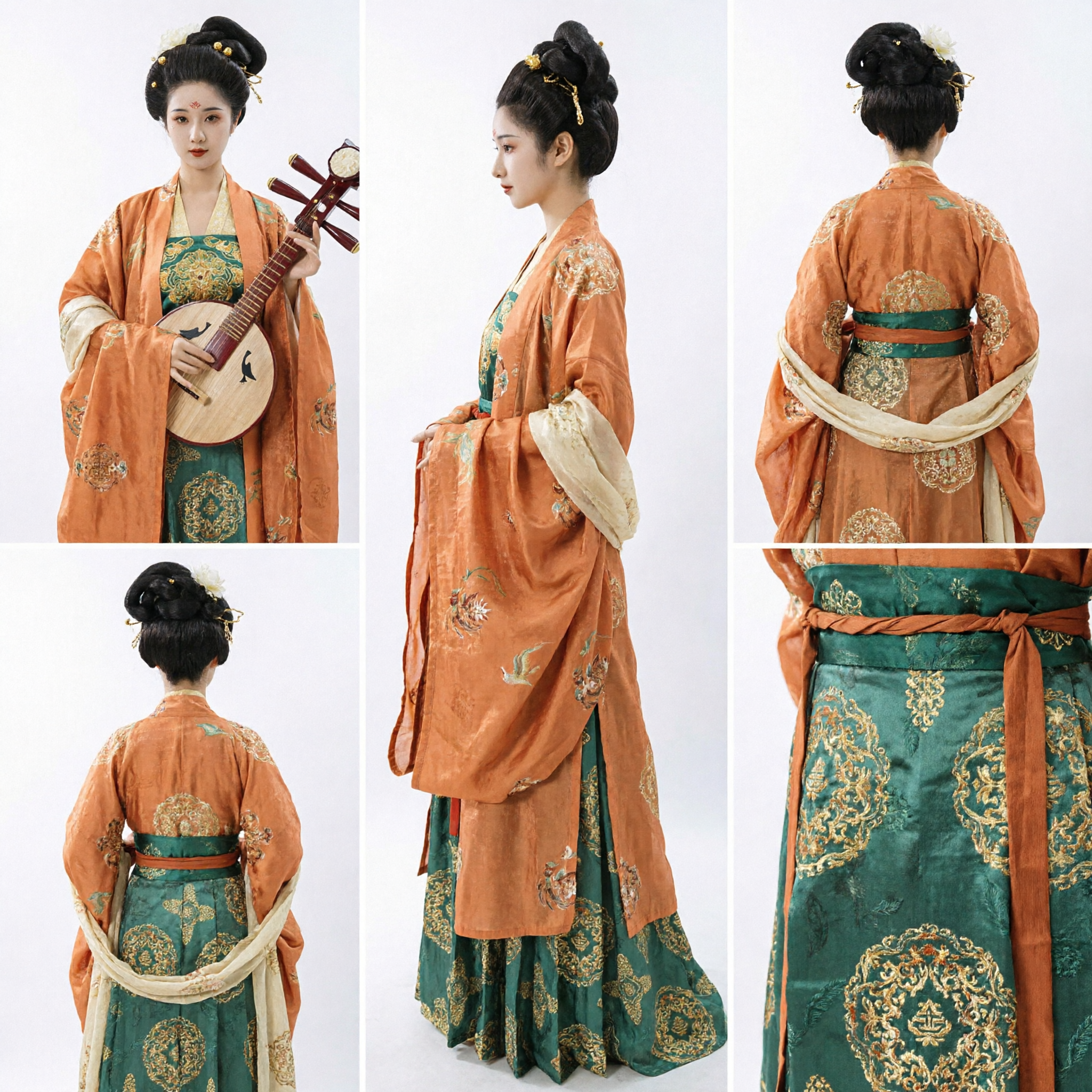 Tang Dynasty Traditional Chinese Hanfu Costume Orange Wide Sleeve Robe and Green Embroidered Skirt for Women - Asian Costume