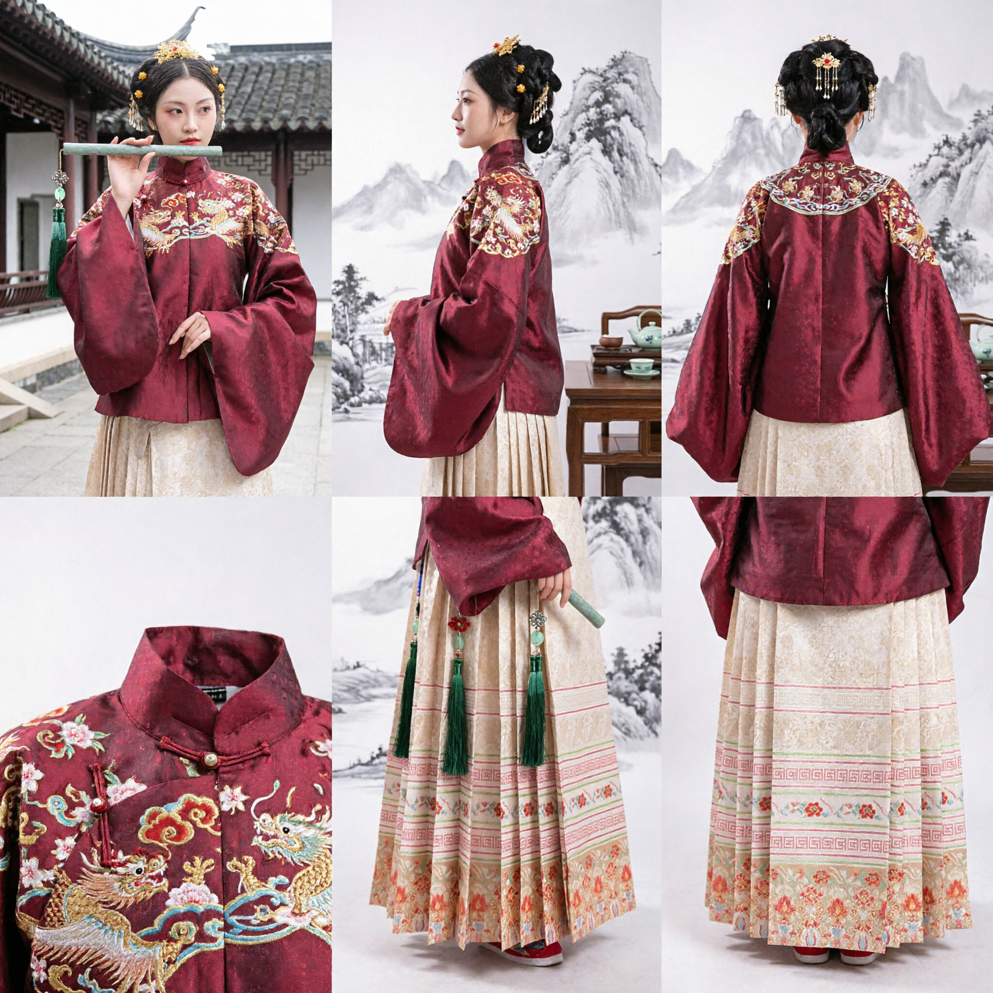 Traditional Chinese Hanfu Ming Dynasty Style Red Embroidered Jacket and Beige Pleated Skirt Set for Women Cultural Performance - Asian Costume