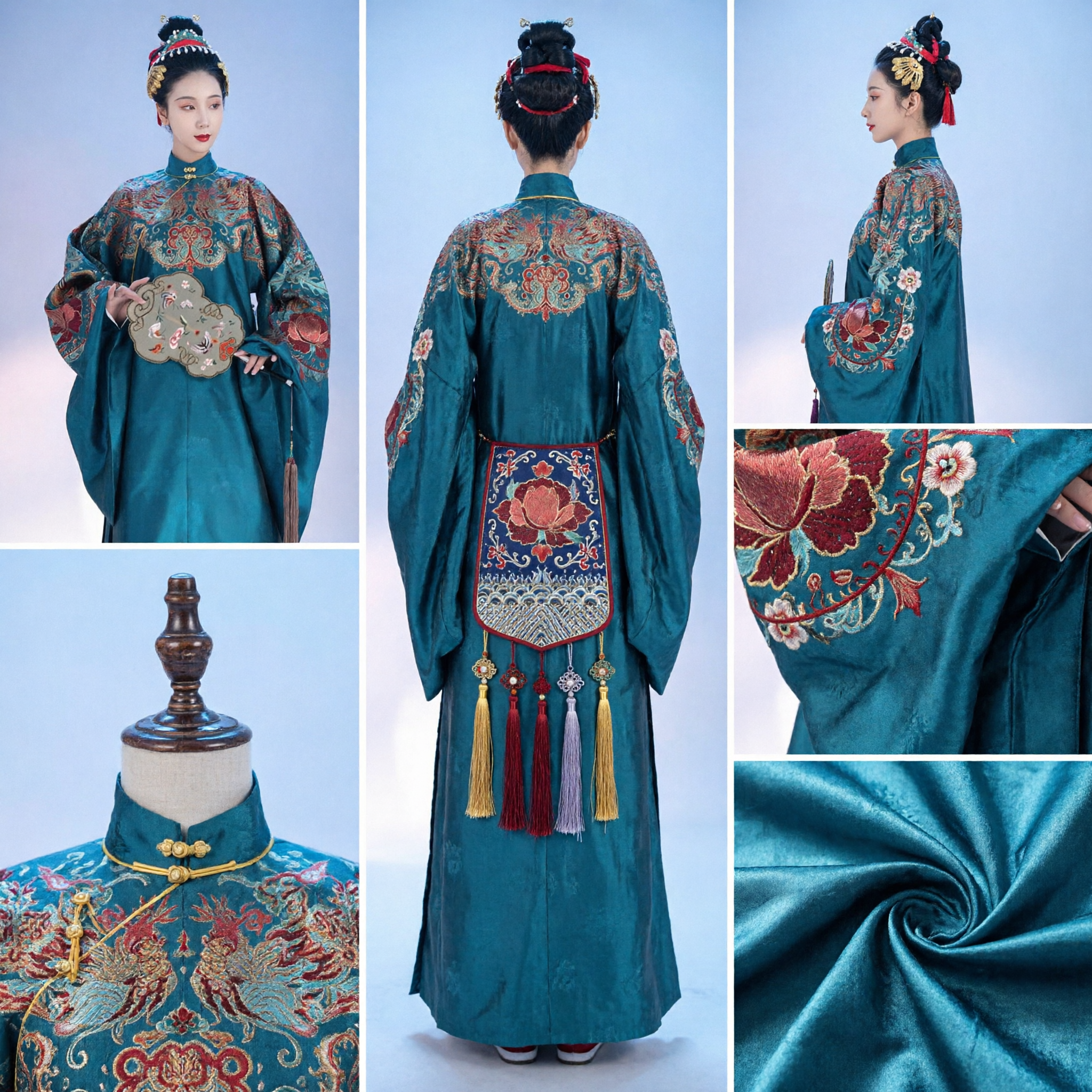 Traditional Chinese Ancient Princess Hanfu Ming Dynasty Embroidered Teal Robe Costume for Women Photography - Asian Costume