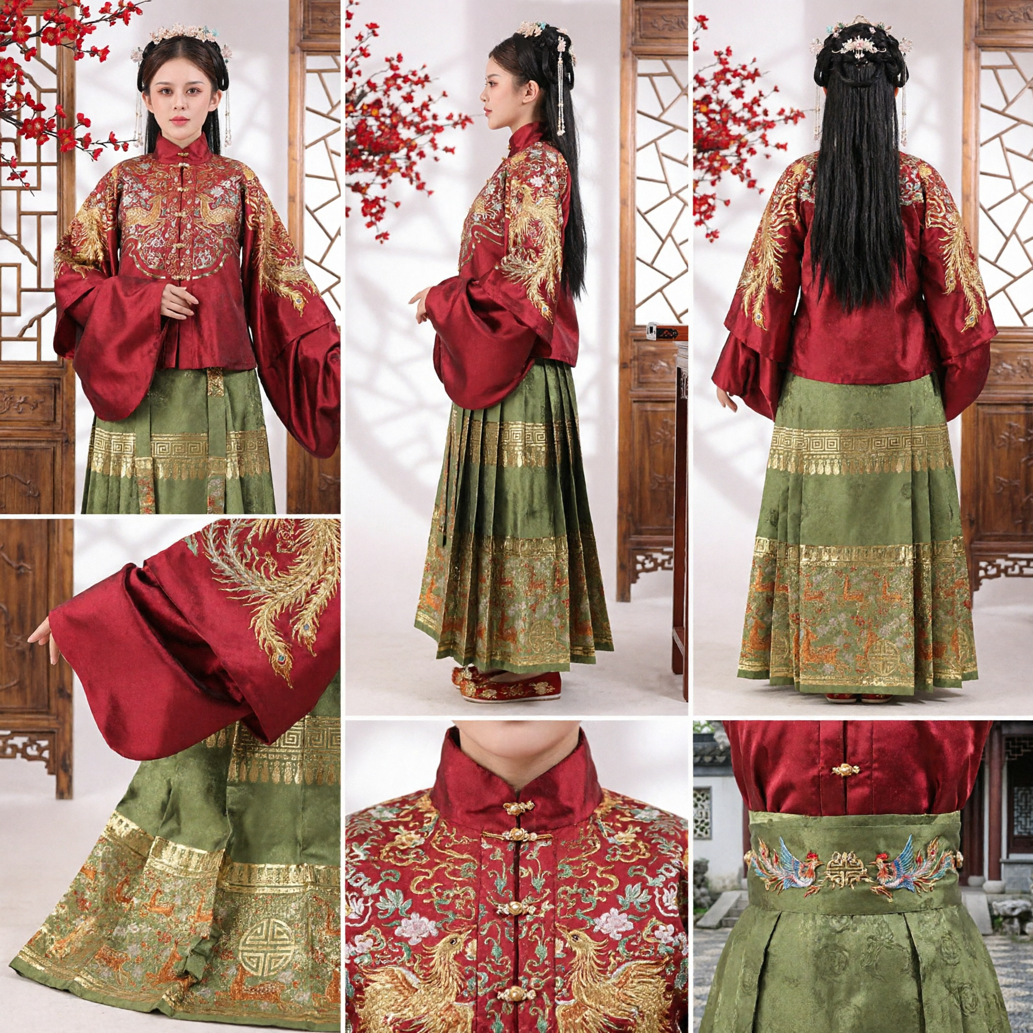 Traditional Chinese Ming Dynasty Hanfu Set Women Red Embroidered Jacket Green Pleated Skirt Ancient Wedding Costume - Asian Costume