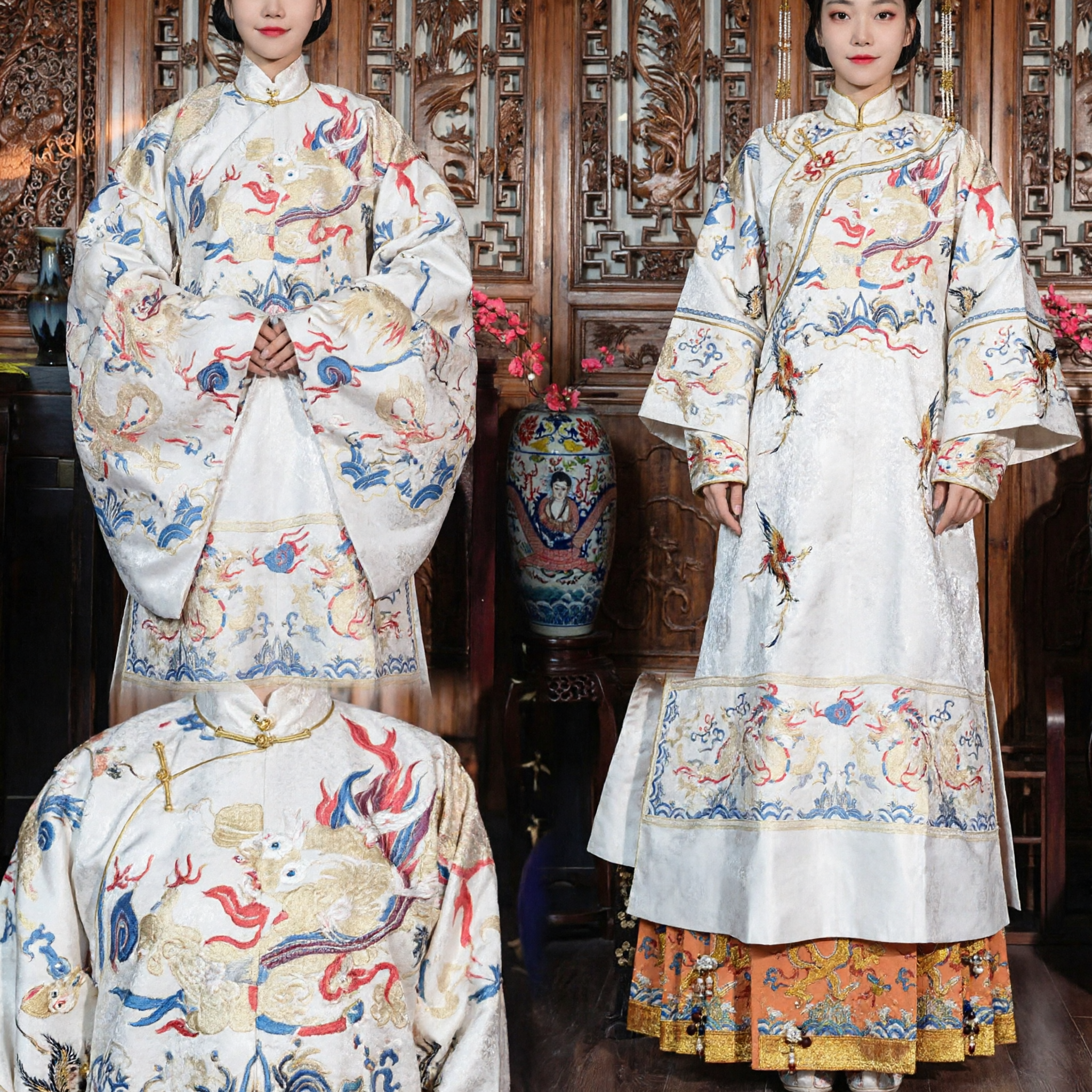 Ancient Chinese Ming Dynasty Empress Costume Traditional Hanfu White Dragon Robe for Women Wedding Photography - Asian Costume