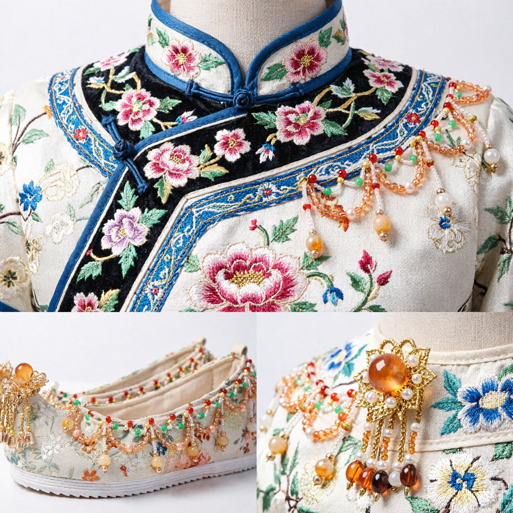 Traditional Chinese Hanfu Shoes for Women Embroidered Floral Beaded Tassel Wedding Xiuhe Suit Footwear Ancient Style - Asian Costume