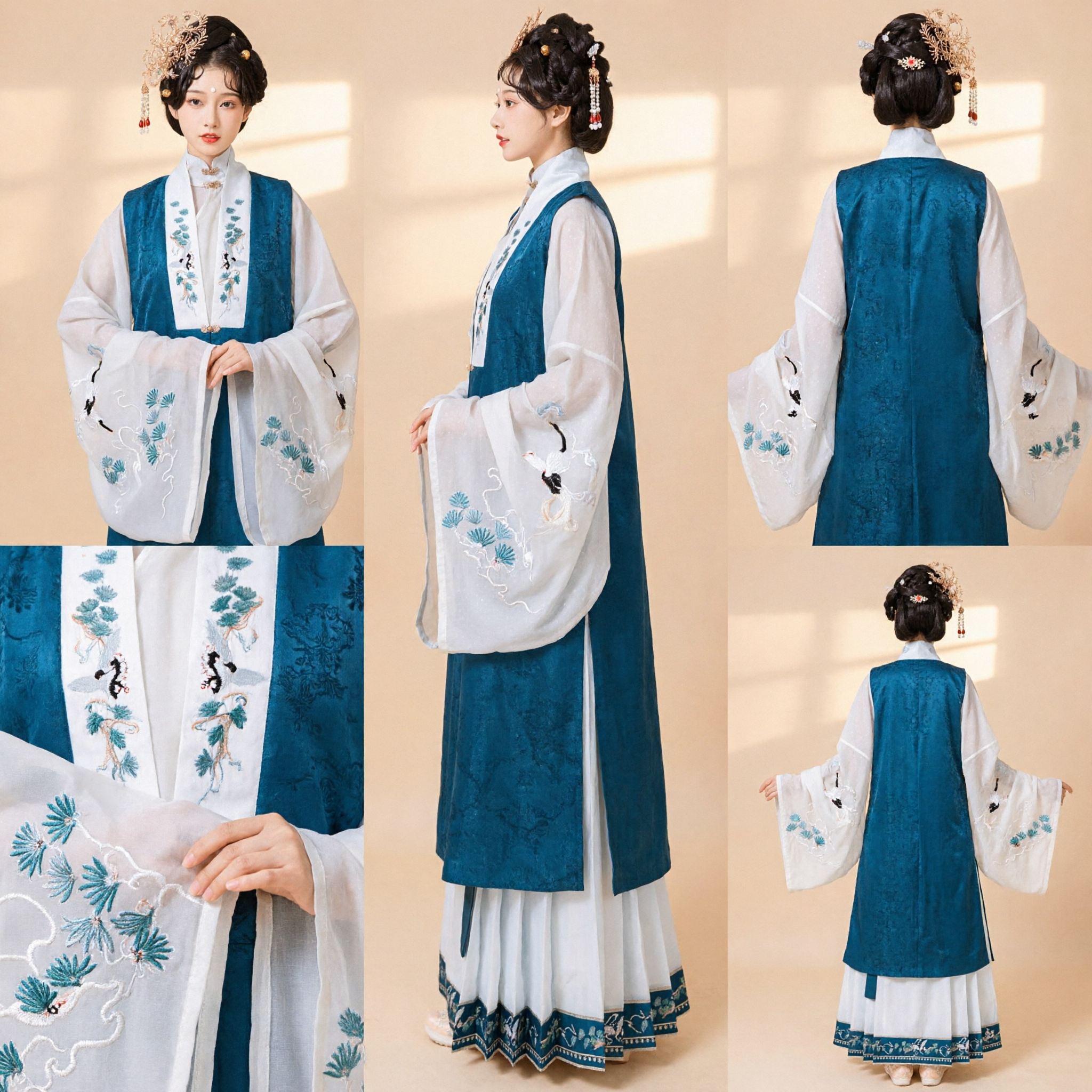 Traditional Chinese Ming Dynasty Hanfu for Women Elegant Blue Embroidered Vest and Pleated Skirt Ancient Costume - Asian Costume