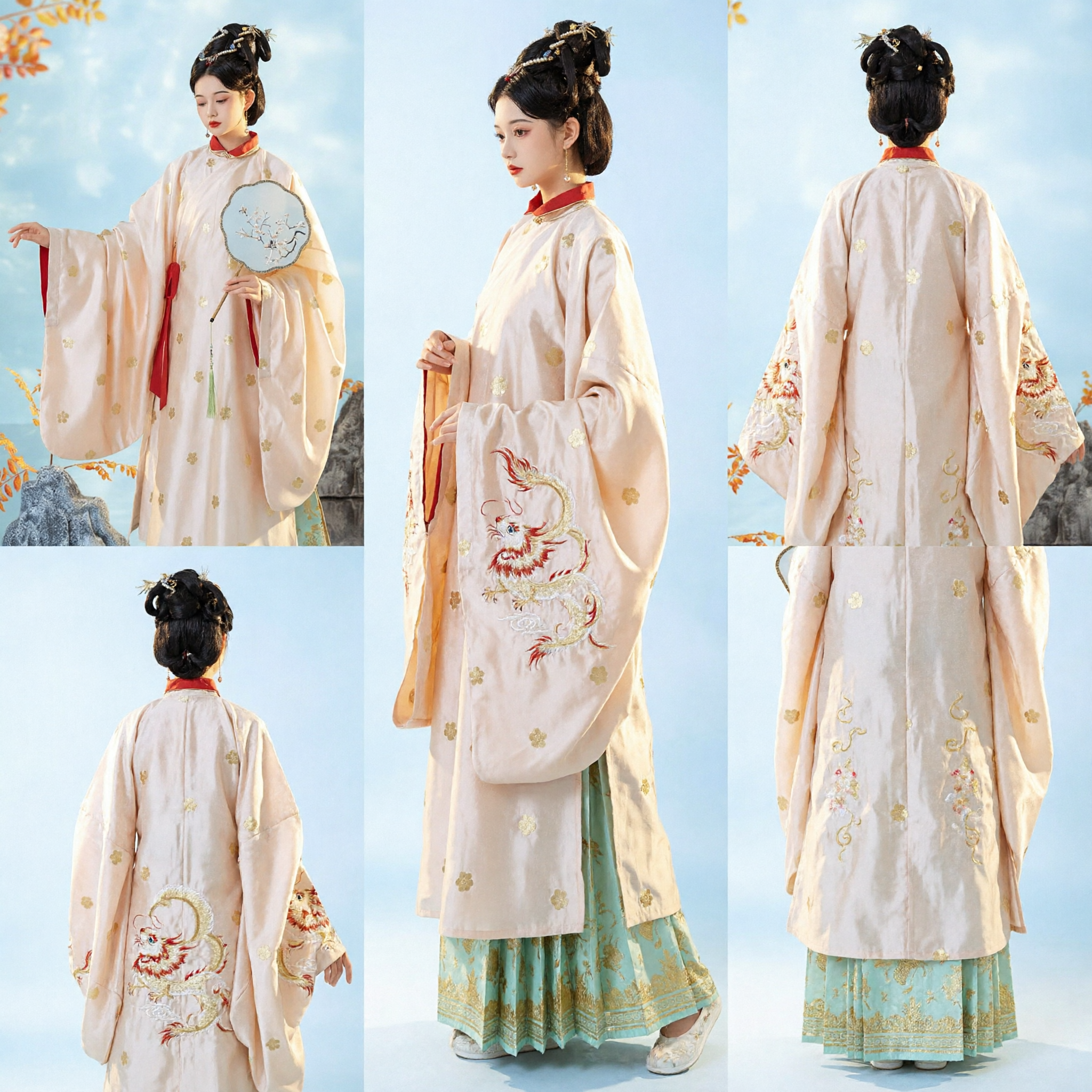 Elegant Ming Dynasty Hanfu Set for Women Traditional Chinese Ancient Costume Cream Embroidered Robe and Skirt for Cosplay - Asian Costume
