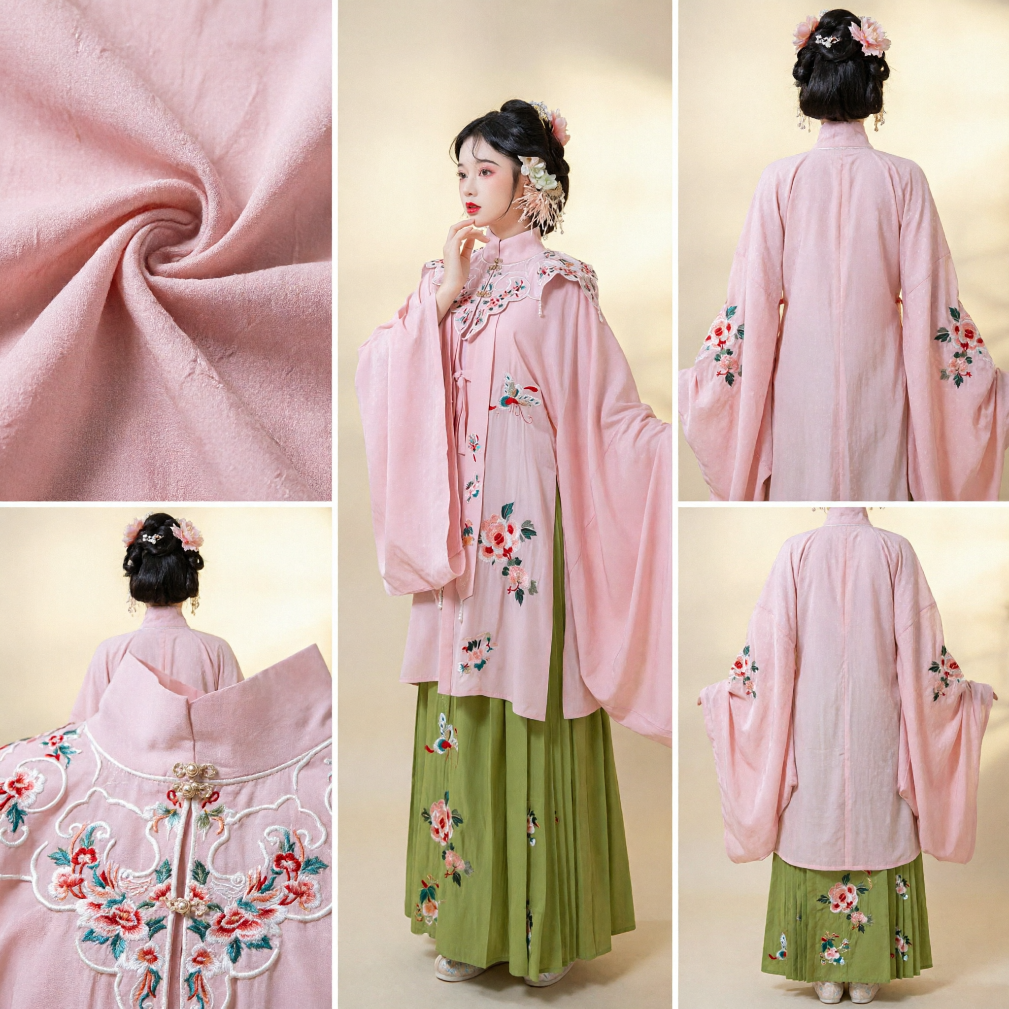 Traditional Chinese Hanfu Costume Pink Embroidered Top and Green Skirt Set for Women Ancient Cosplay - Asian Costume