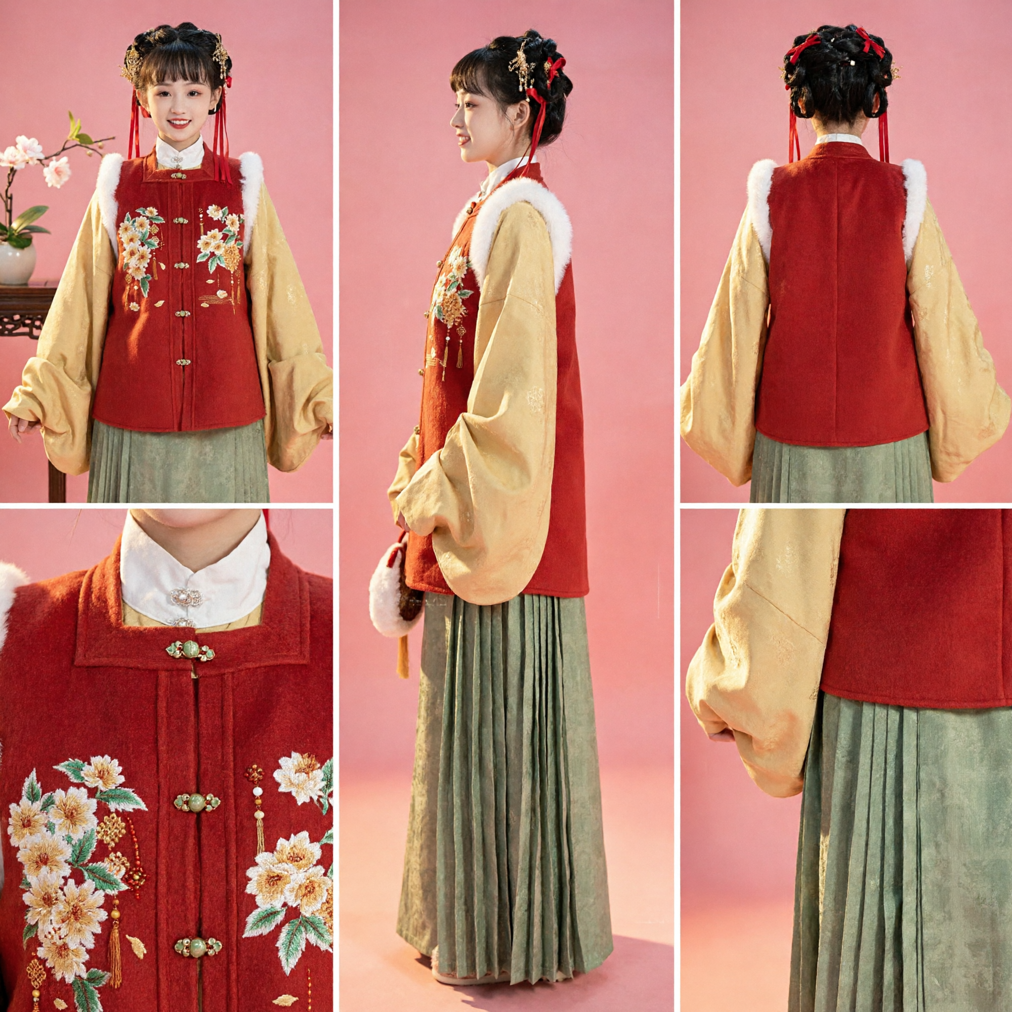 Girls Traditional Chinese Hanfu Ming Dynasty Red Embroidered Fur Collar Vest Set for Kids Spring Festival - Asian Costume