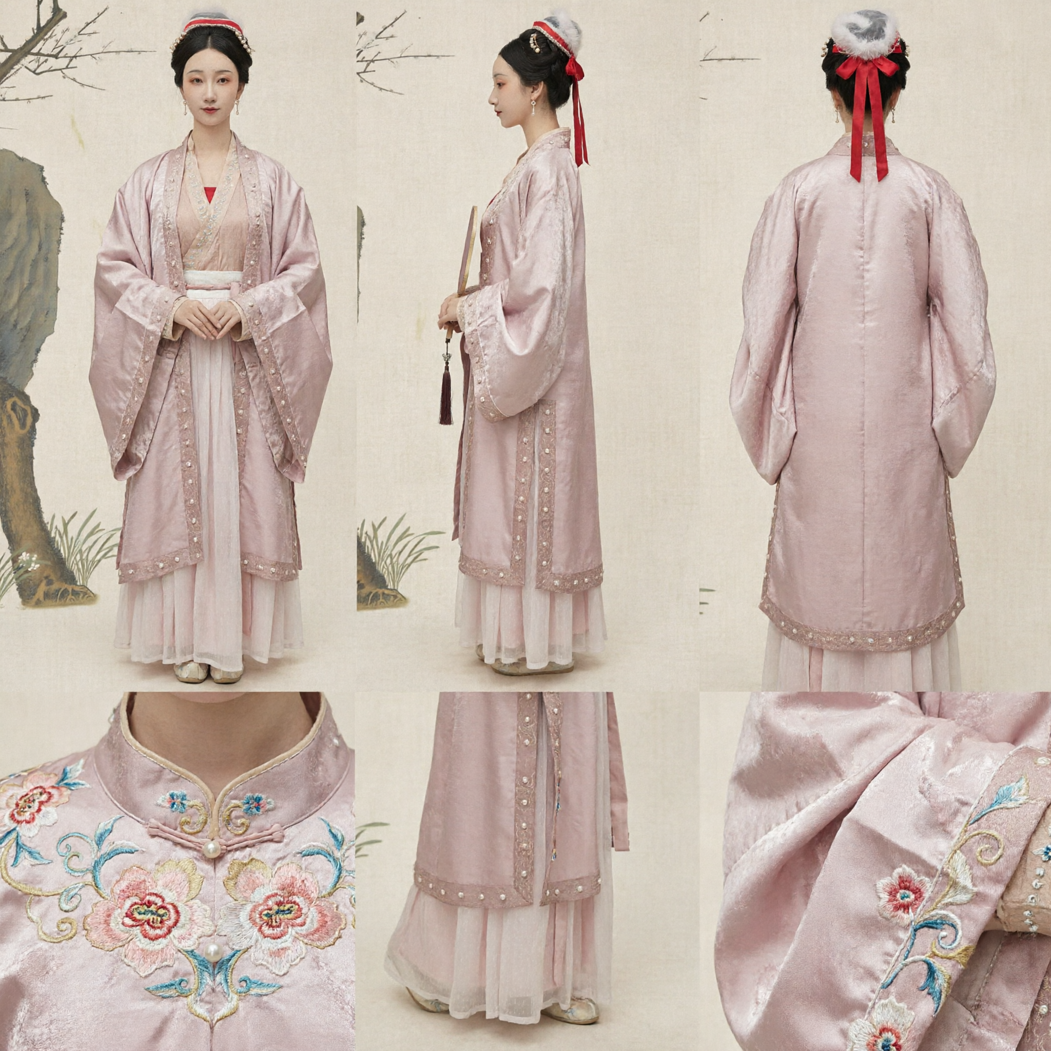Costume Hanfu ancien traditionnel chinois élégant rose - Robe perlée de style dynastie Song pour femmes - Asian Costume