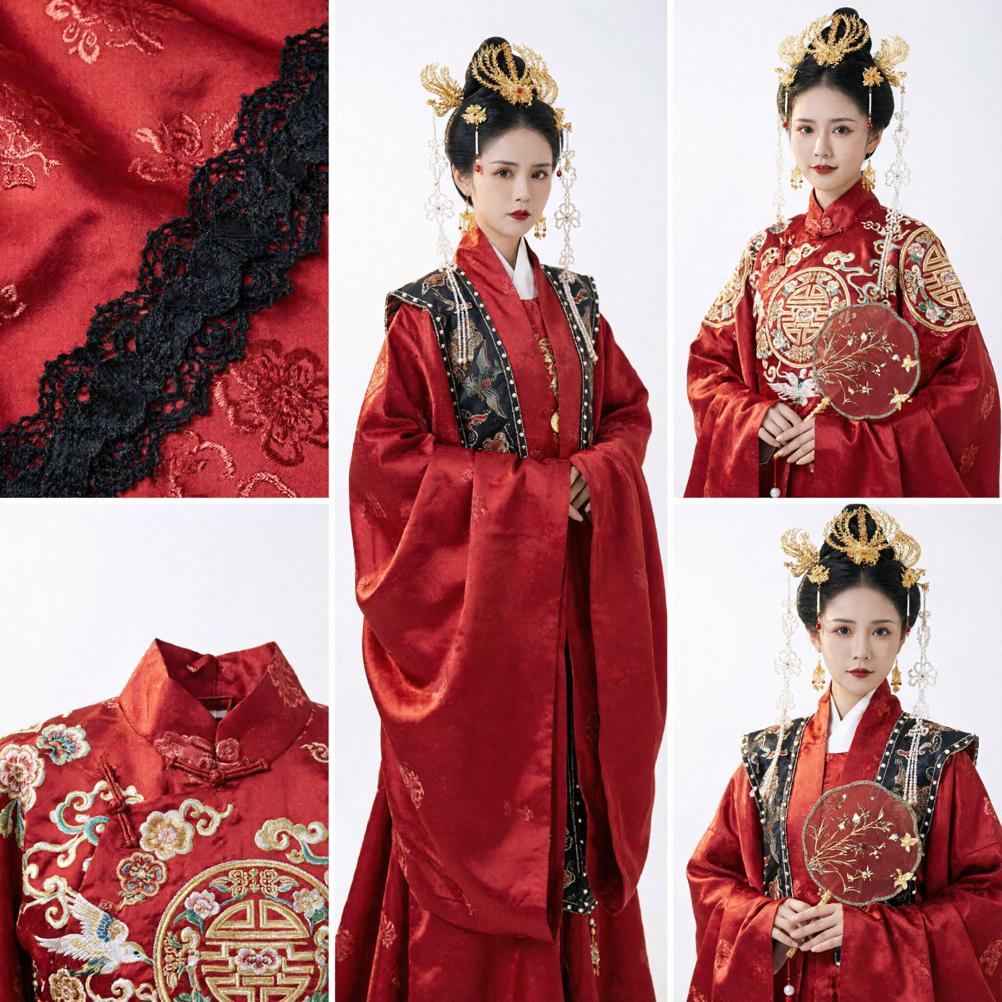 Traditional Chinese Red Hanfu Wedding Dress Ancient Bride Costume with Headdress and Fan - Asian Costume