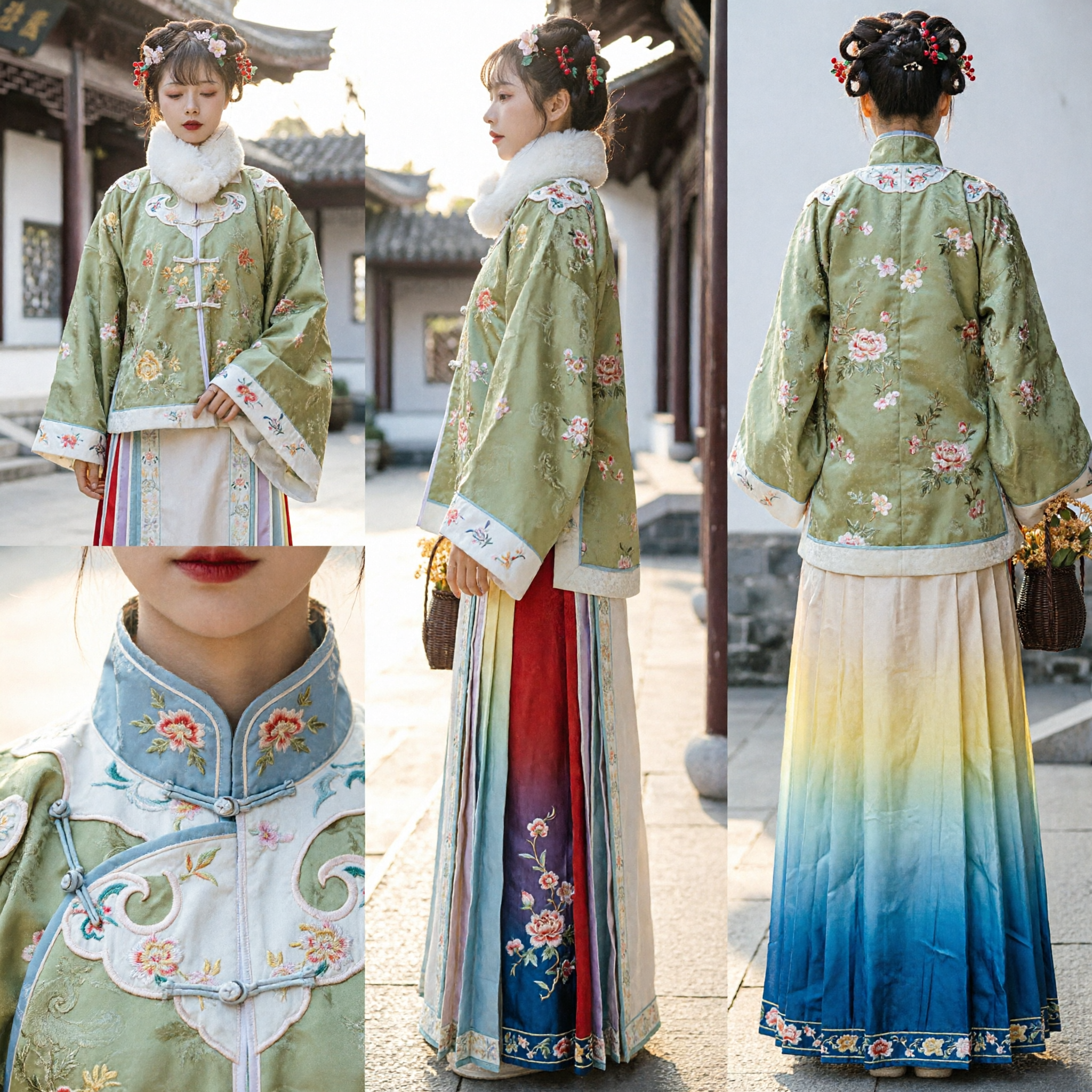 Traditional Chinese Hanfu Ming Dynasty Style Winter Fur Collar Embroidered Jacket and Skirt Set for Women - Asian Costume